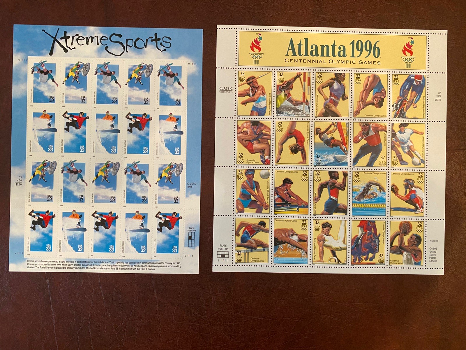 US Postage Stamp Lot of 2 Sheets-Extreme Sports Snowboard, 1996 Atlanta Olympics
