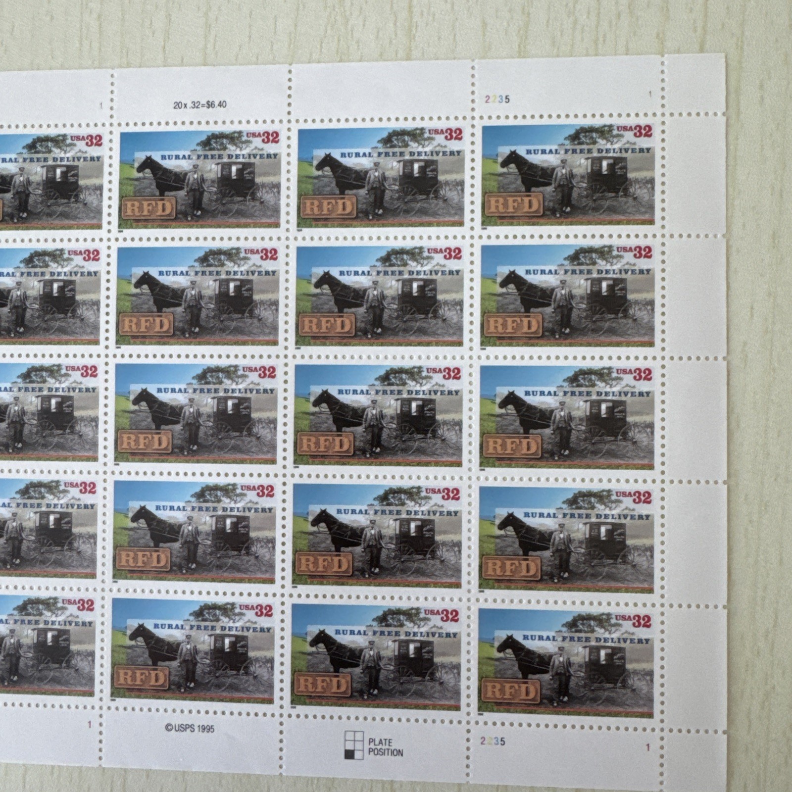 US Postage Stamps 32c Sheet RFD Rural Free Delivery 20 Stamps MNH Free Shipping