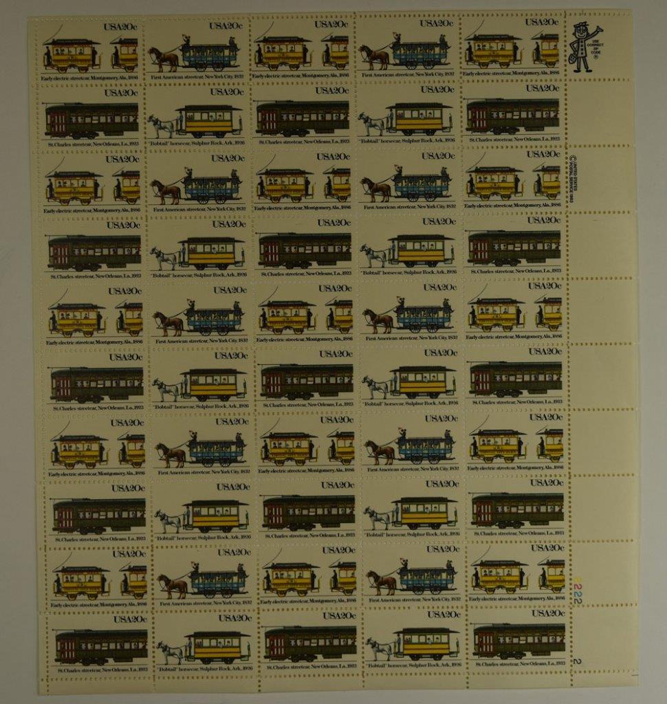 US SCOTT 2059-62 PANE OF 50 FIRST AMERICAN STREETCAR 20 CENT FACE MNH