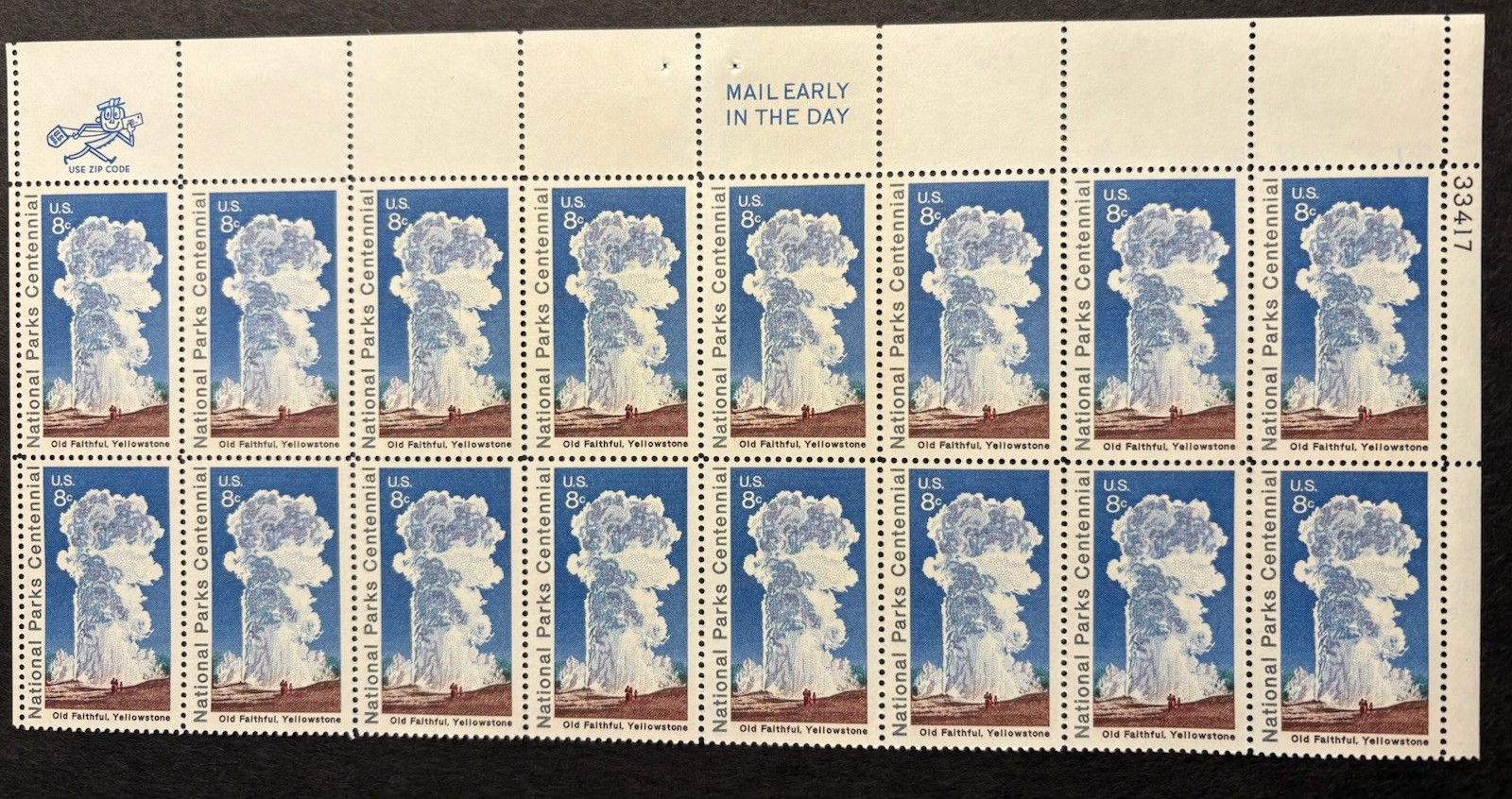 1972 US Scott #1453 8c National Parks Centennial Yellowstone Stamps MNH Block 16