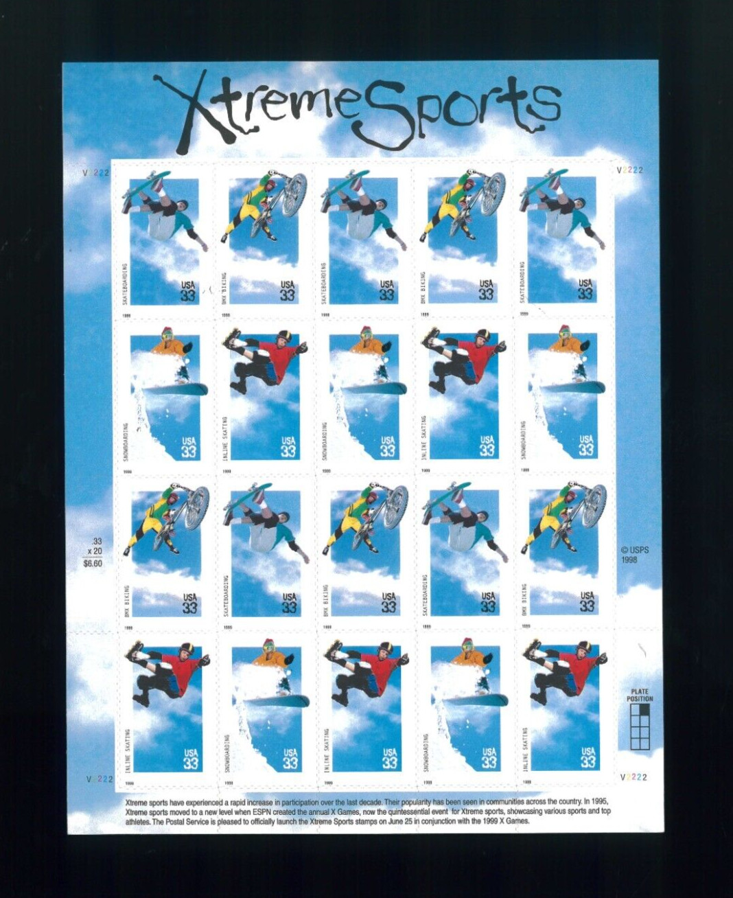US 33¢ Xtreme Sports Snow Skate BMX Postage Stamps #3321-24 MNH Full Sheet