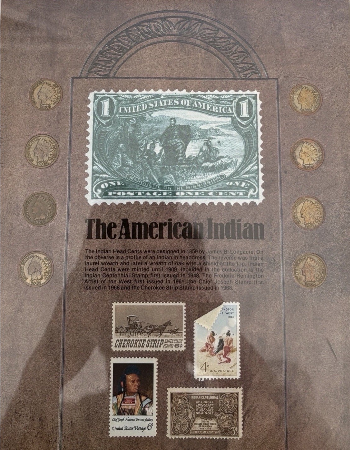 Vintage “The American Indian” Framed Stamp & Coin Collection Display