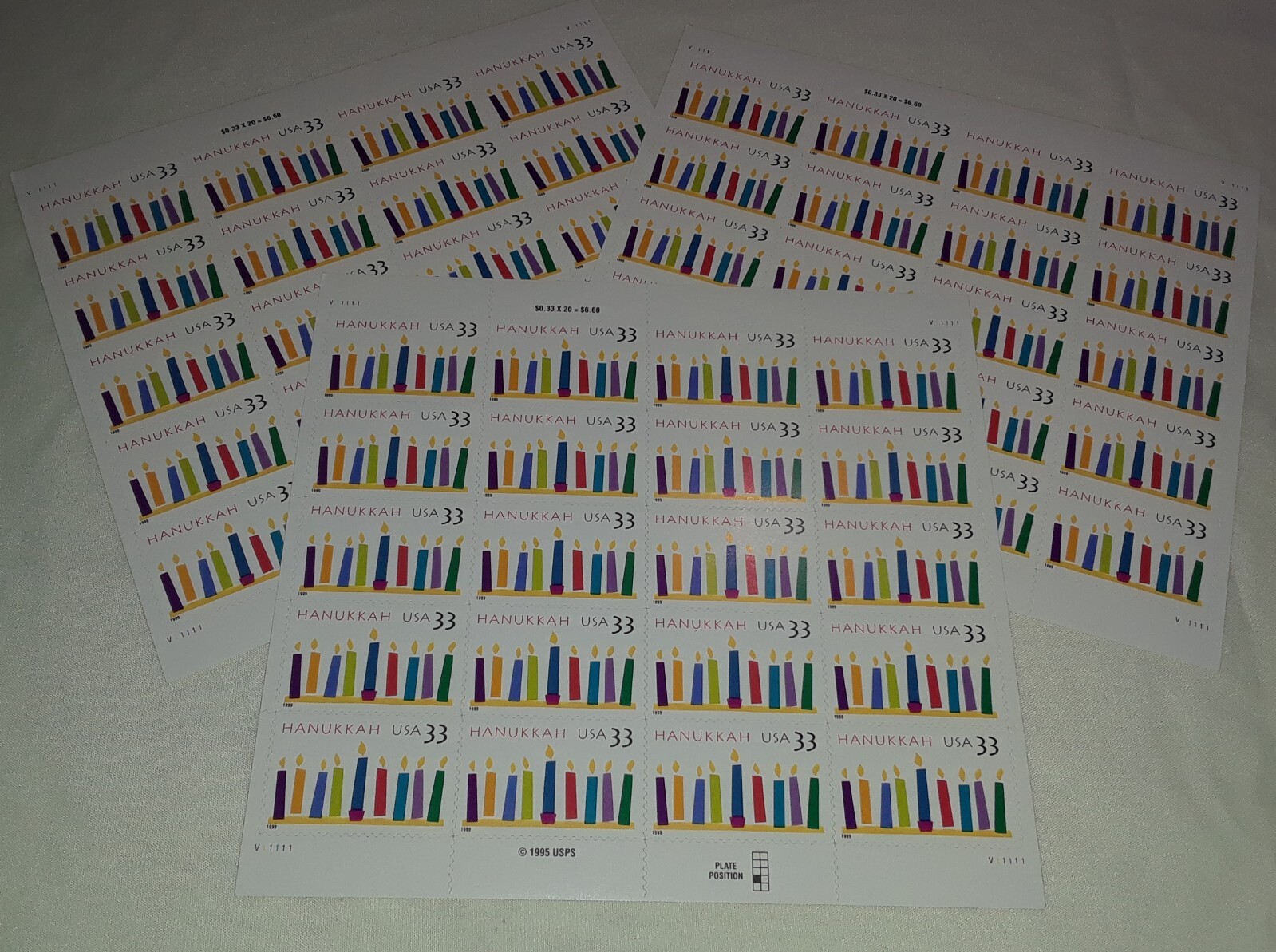 Three Panes x 20 = 60 of HANUKKAH 33¢ Jewish candles US Postage Stamps. USA 3352
