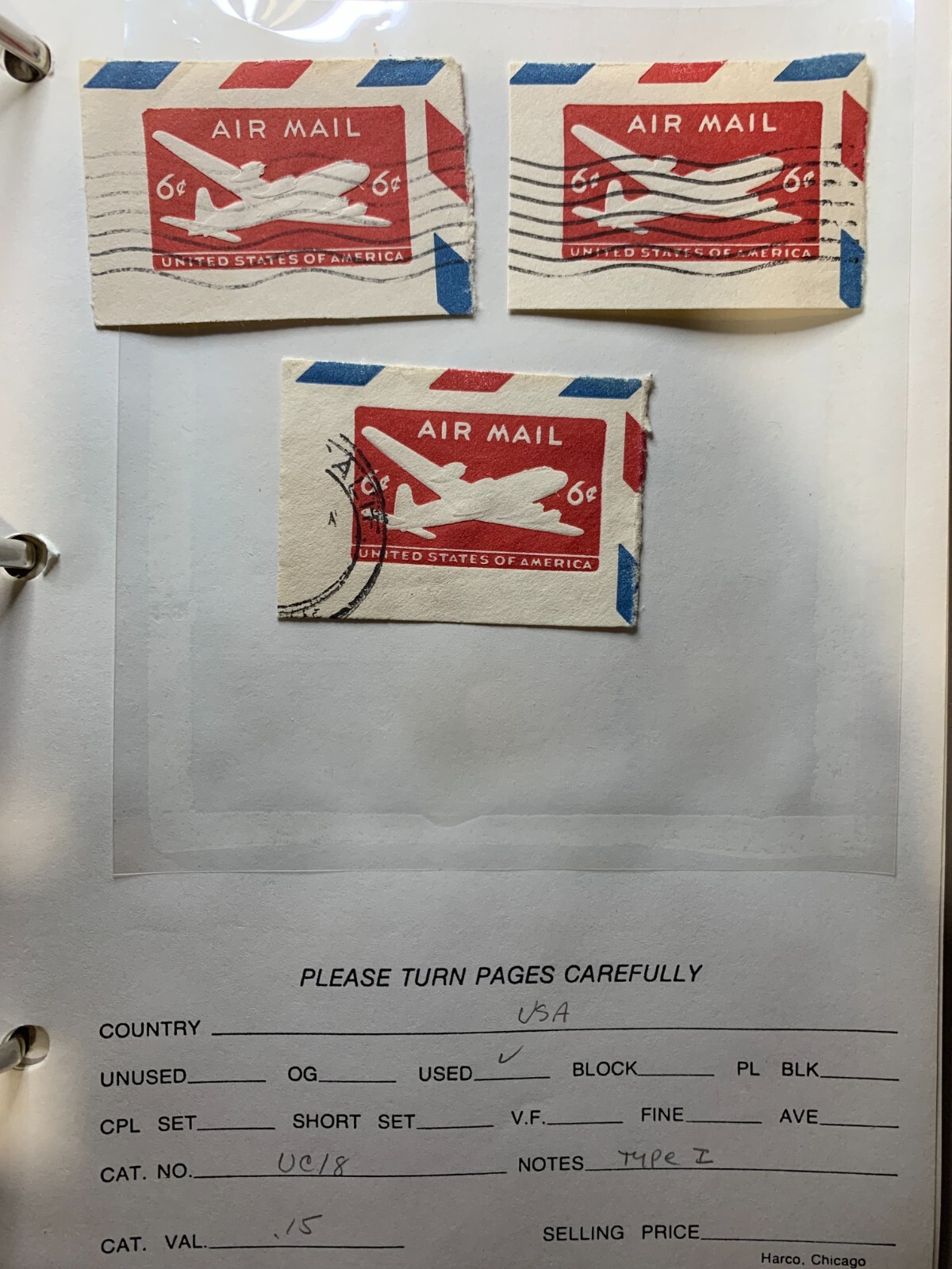 US 1950 #UC18 Air Mail 6c Carmine Skymaster Cut Square Used (3 pcs)