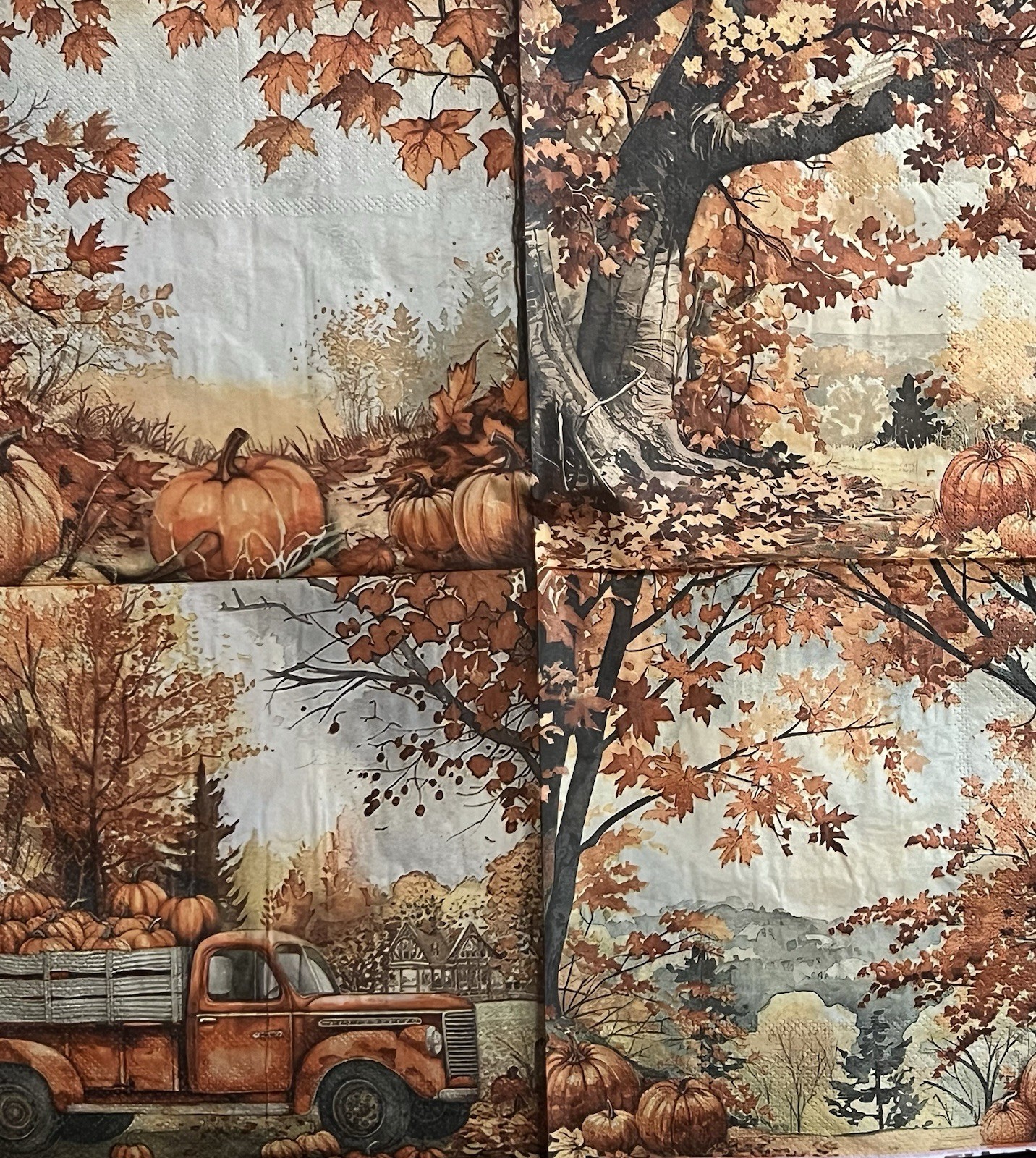 Three Individual Napkins Decoupage W/4 Fall Scenes/truck/Pumpkins Autumn Maple