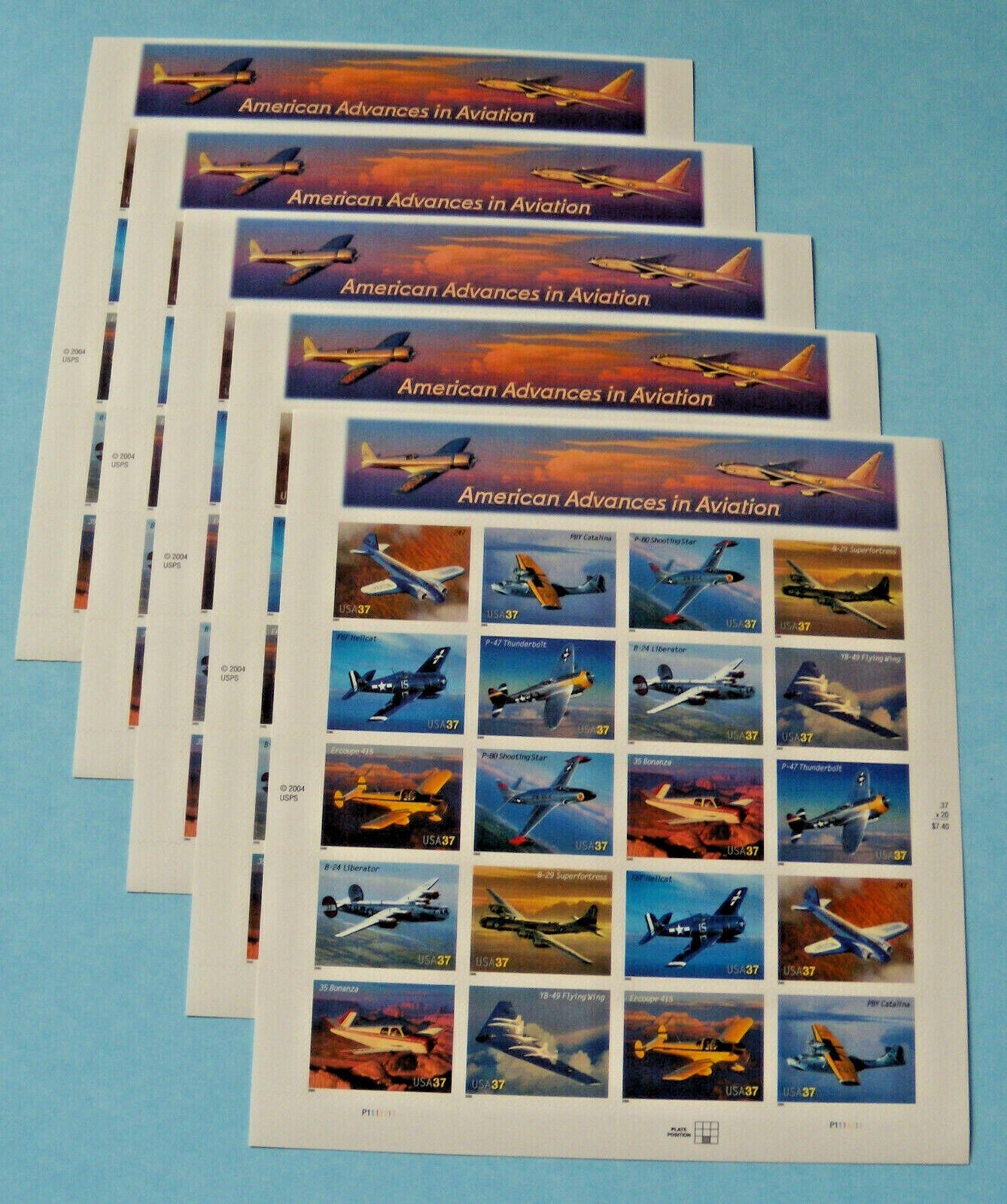 Four Sheets x 20 = 80 AMERICAN ADVANCES in AVIATION 37¢ US Stamps. USA 3916-3925