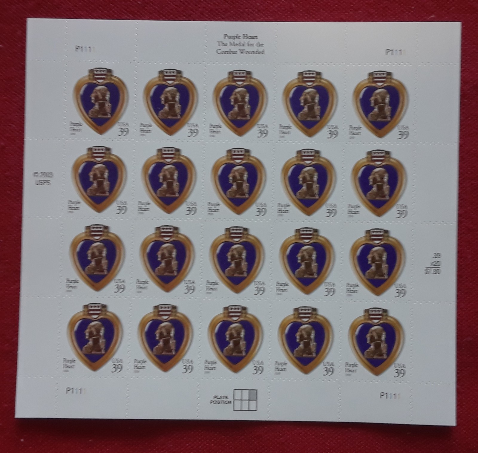 Two (2) Panes / Sheets x 20 = 40 of Purple Hearts 39¢ US Postage Stamps USA 4032