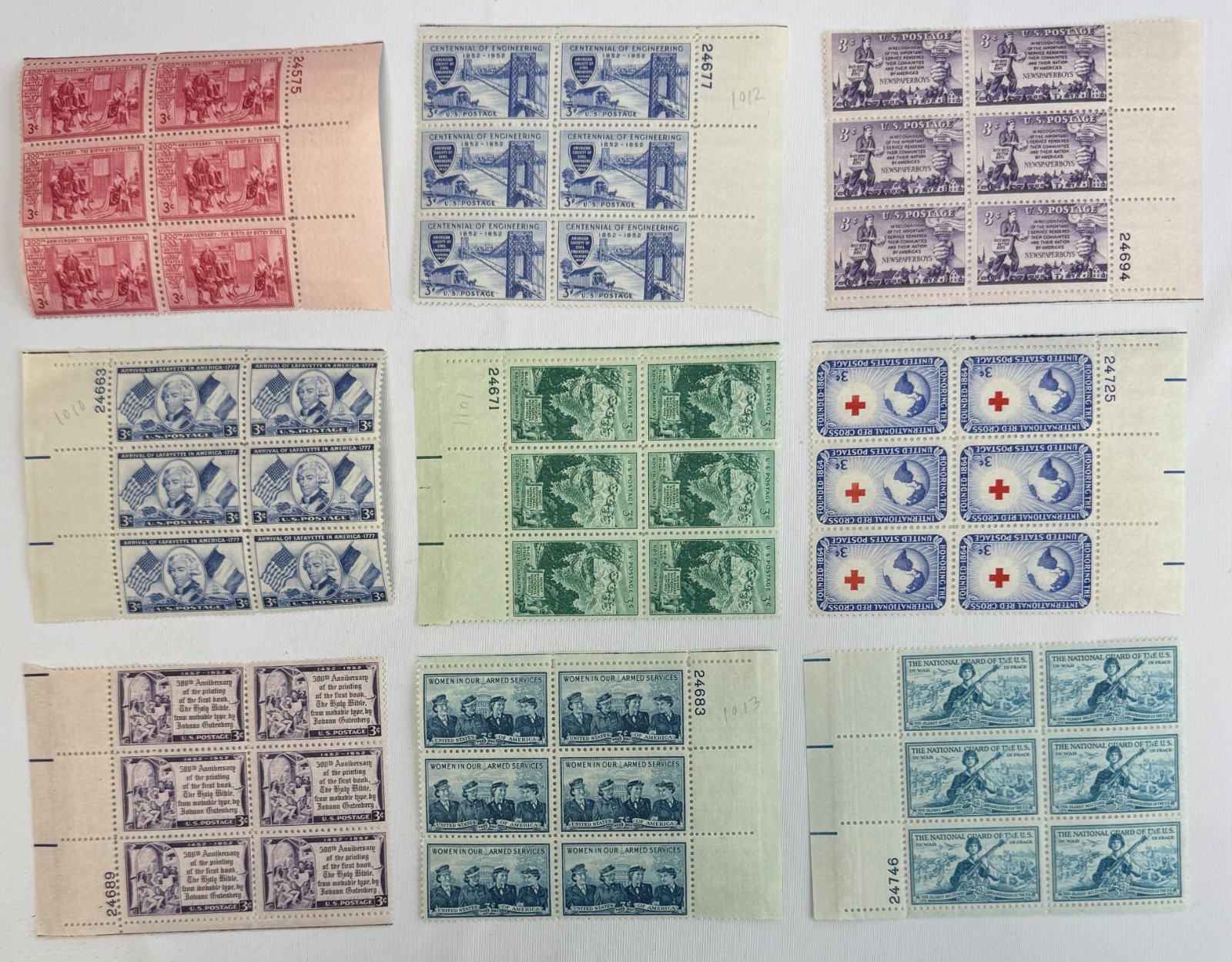Vintage U.S. Commemorative MNH Plate Blocks Collection 54 Stamps 1952–1954