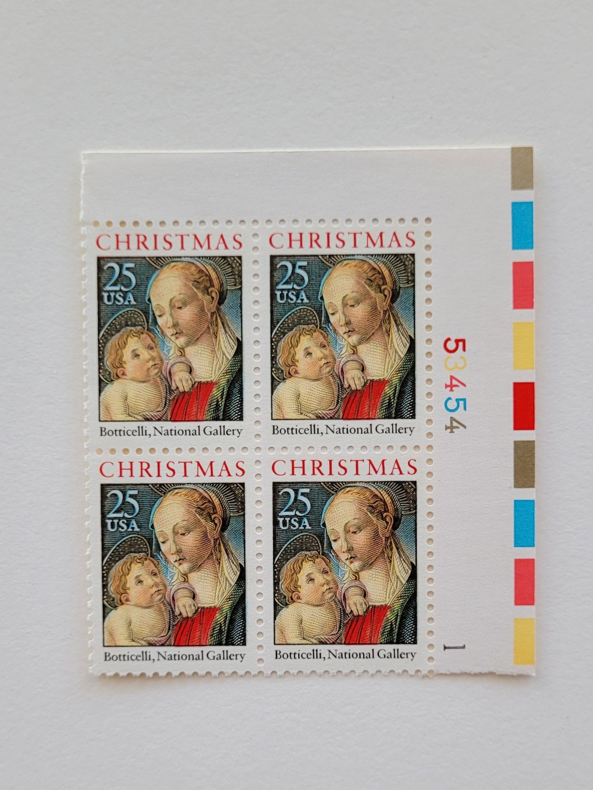 Botticelli Christmas Madonna US Postal Stamps 25c Block of 4 Scott #2399 MNH OG