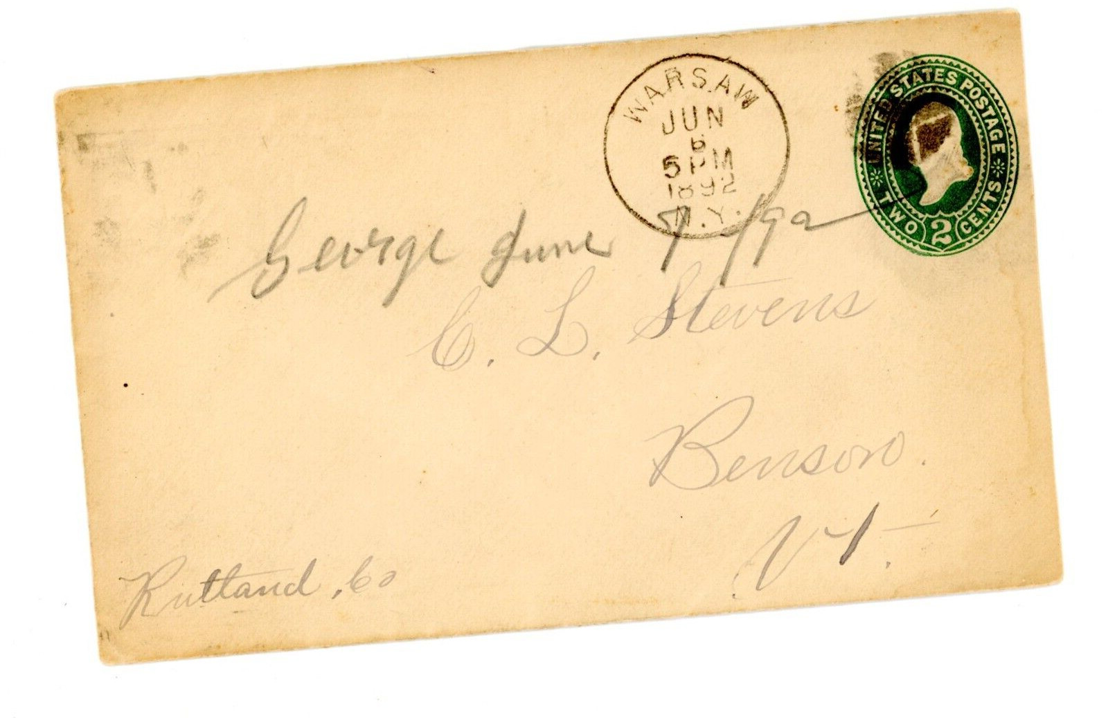 1892 Handwritten Letter Green 2C Stamp George & CL Stevens Benson VT Warsaw NY