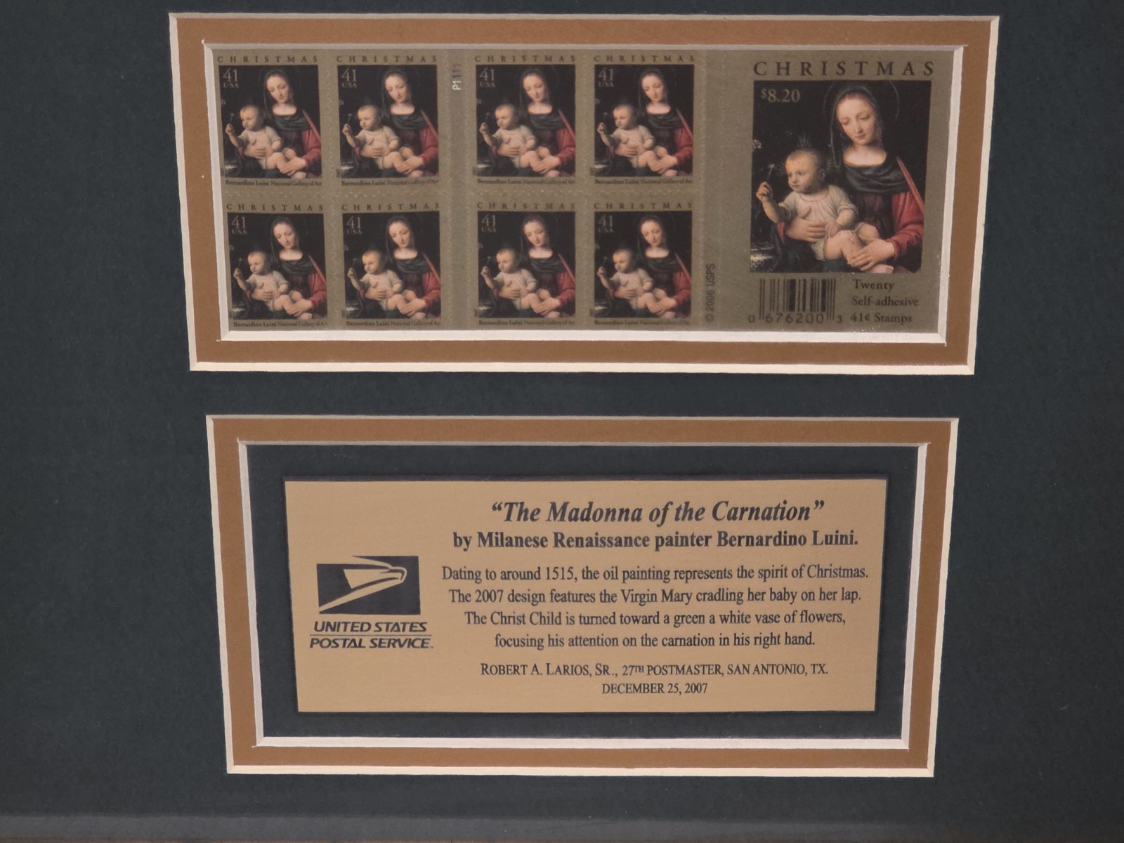 USPS Christmas Stamp Framed Display – Madonna of the Carnation (2007)Collectible