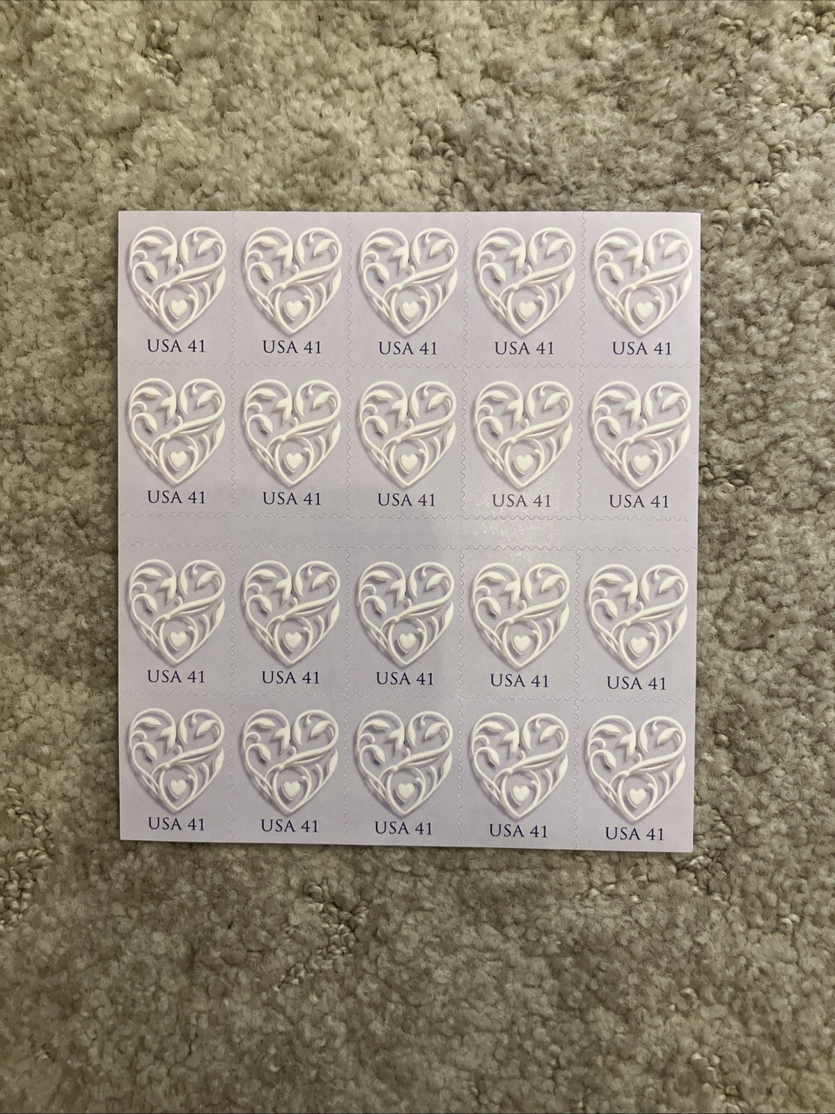 Mint US 2007 41c Silver Heart Pane of 20 Scott 4151