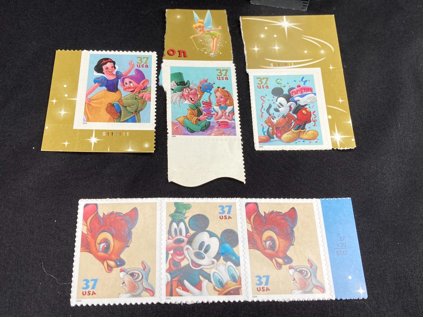 6 Disney USA 37 Cent Stamps Snow White Dopey Alice Mad Hatter Mickey Donald