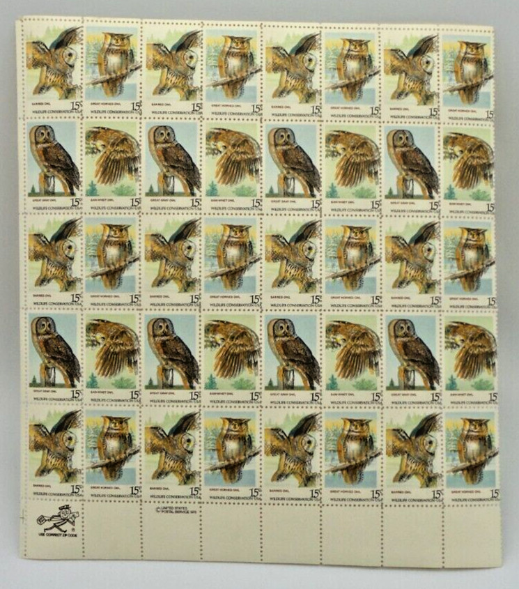 1978 Rare, Error Owl Wildlife Conservation 40 15c Stamps- Z06
