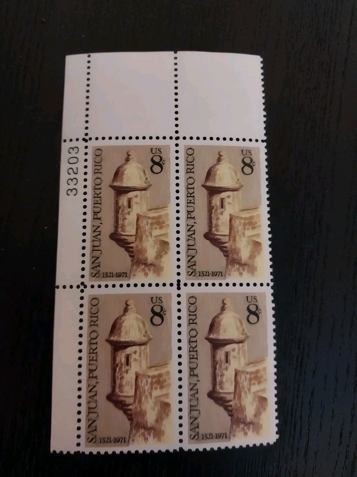 Block Of Stamps 8 Cents US Postage San Juan, Puerto Rico 1521-1971 Unused