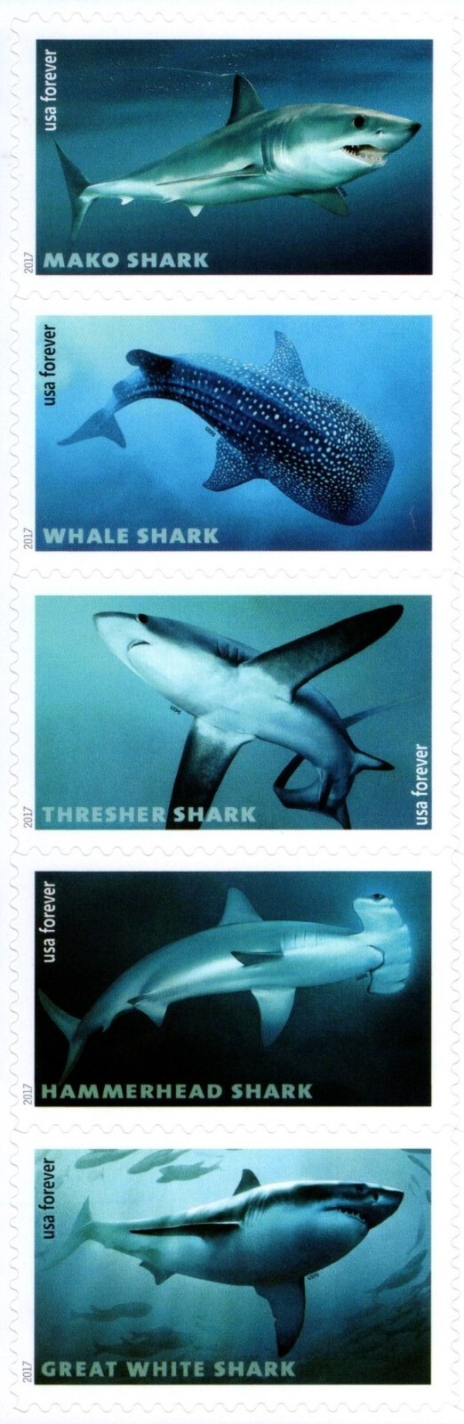USA 2017 SHARKS 20 STAMP SHEET SC 5223- 5227 MNH