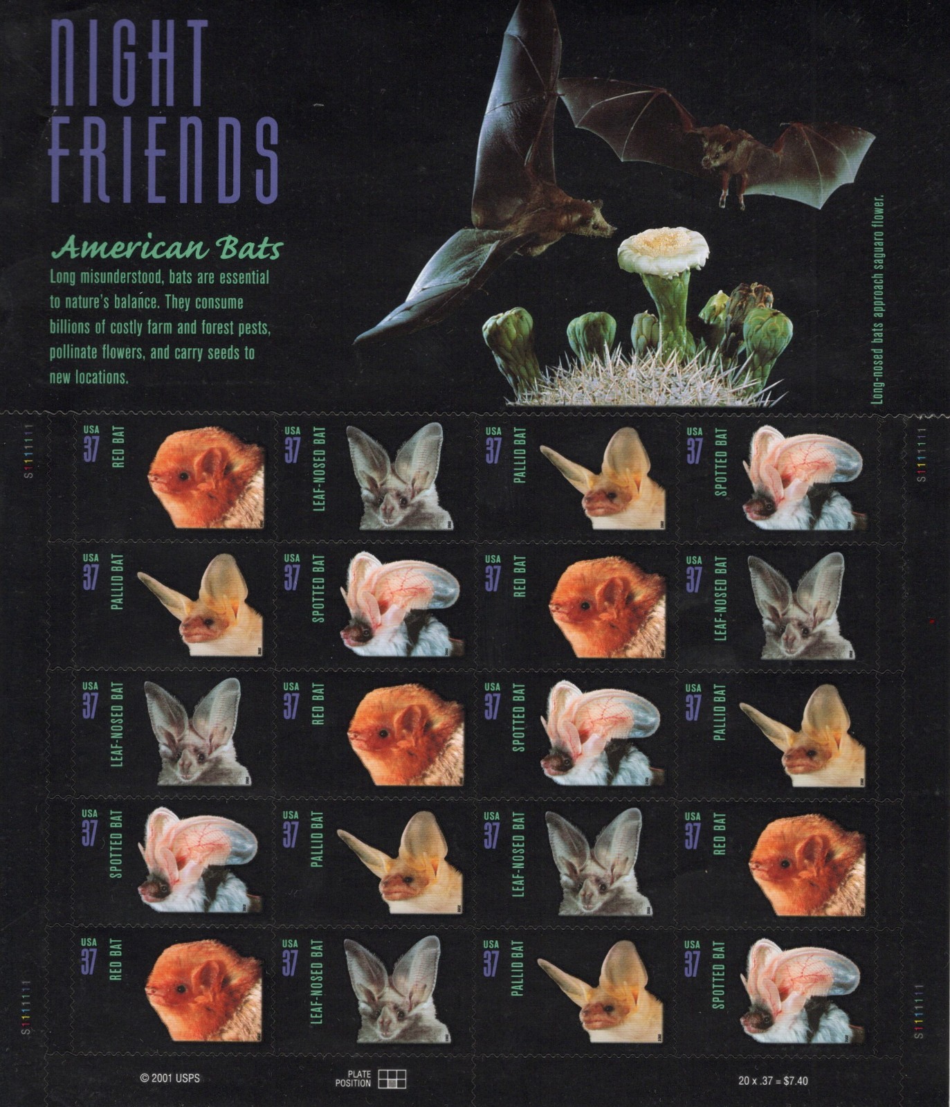 US SCOTT 3661 – 3664a SHEET OF 20 Night Friends American Bats Stamps 37 CENT MNH