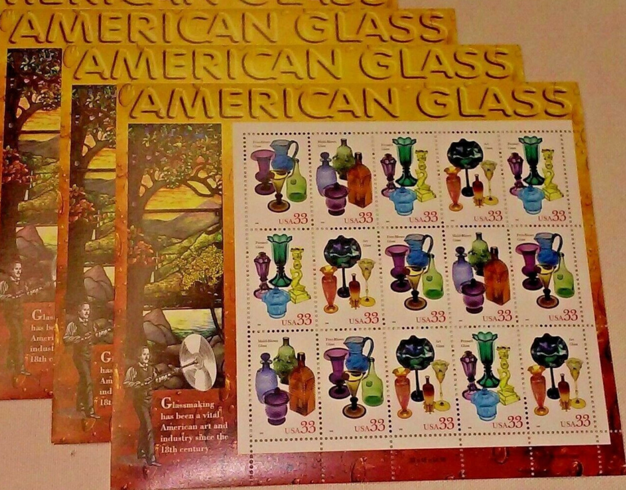 Four Souvenir Sheets x 15 = 60 of AMERICAN GLASS 33¢ US Stamps USA Sc# 3325-3328