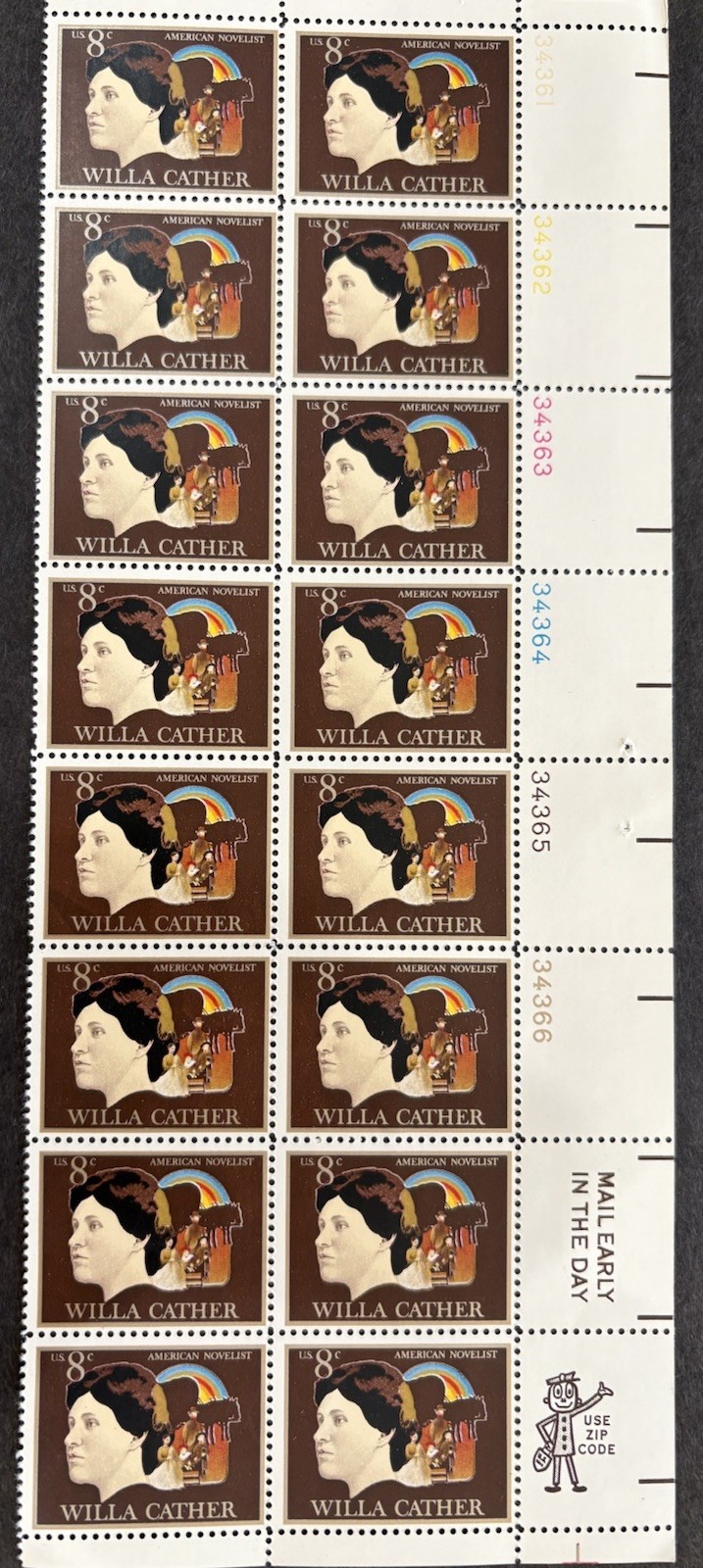 1973 US Scott #1487, 8c Willa Cather Postage Stamps, MNH Block of 16