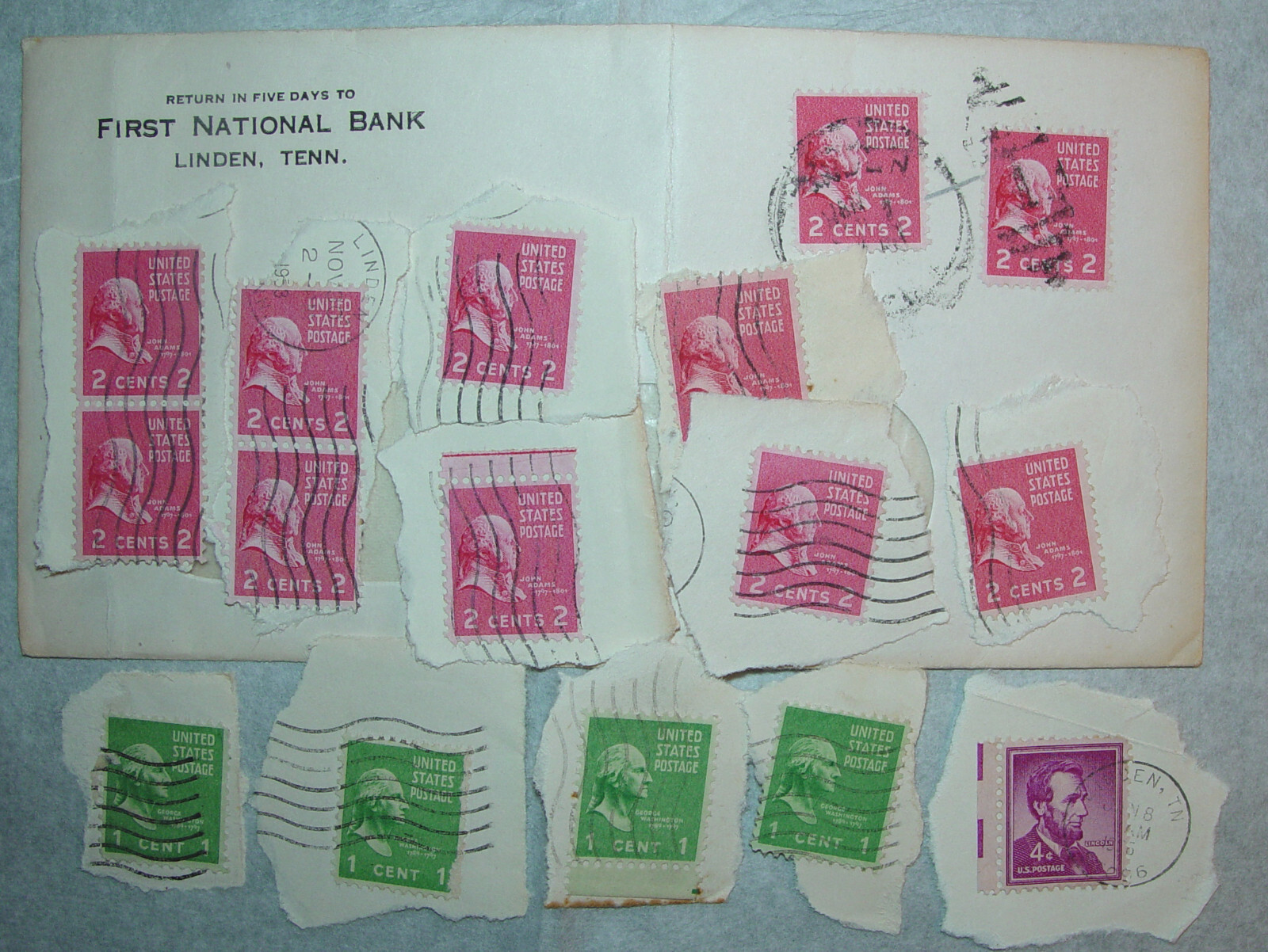 1938 US Stamps 11 John Adams 1 Cent Carmine #806, 4 G. Washington #804 Green