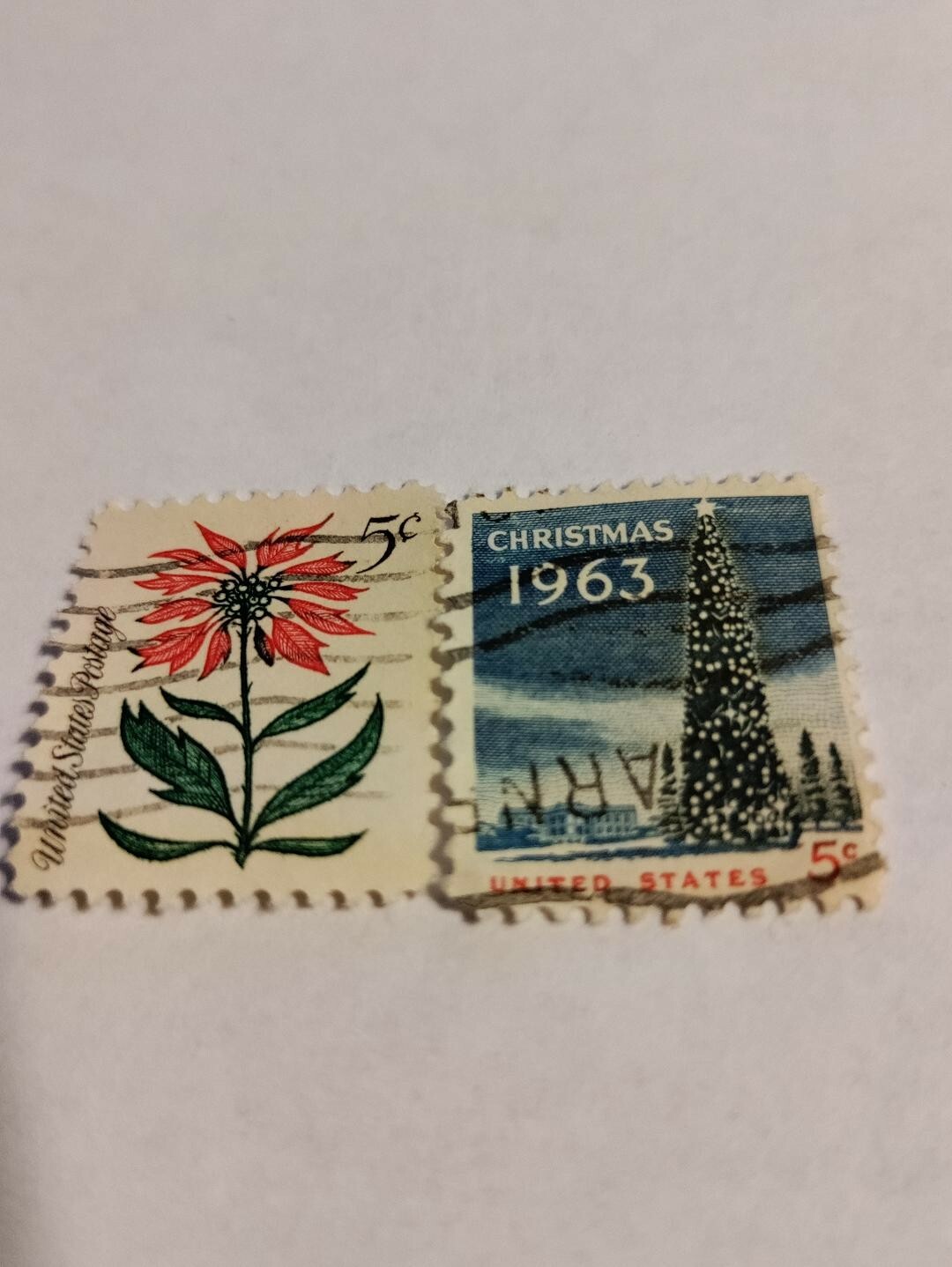 1963 Christmas Tree and White House 5 cent and Christmas flower 1964 5 cent 