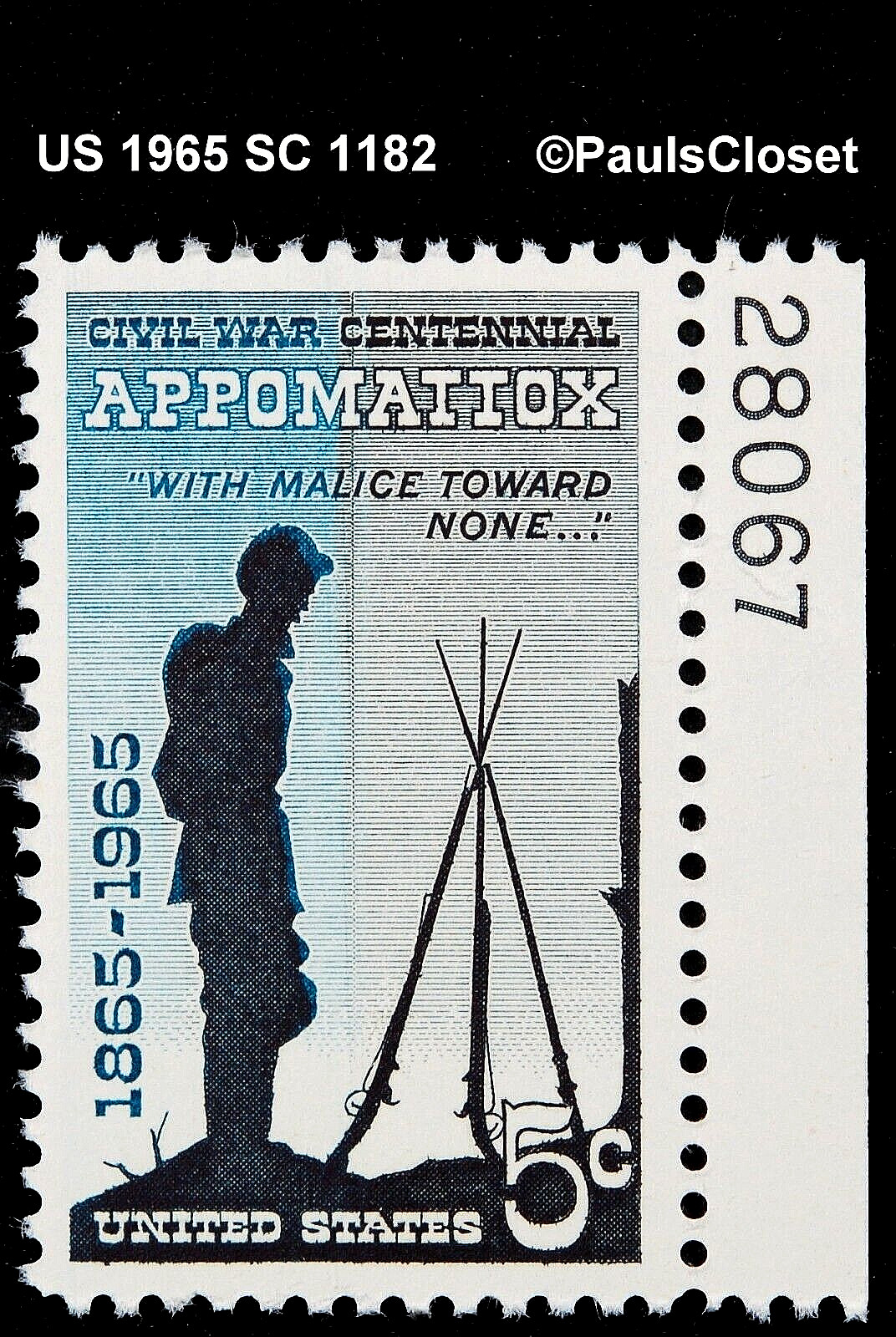 US 1965 SC 1182 BATTLE OF APPOMATIOX 5¢ PRIUS BLUE & BLACK MNH OG W/P# F/VF