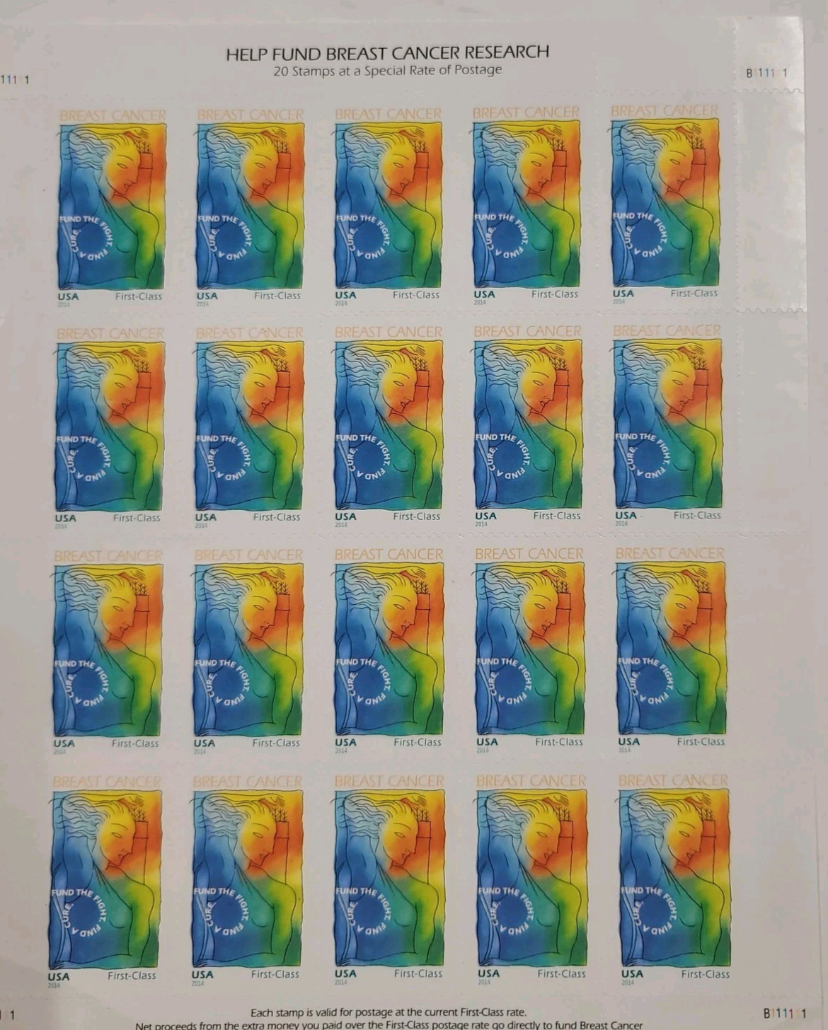 US SCOTT B1 SHEET OF 20 BREAST CANCER RESEARCH STAMPS MNH