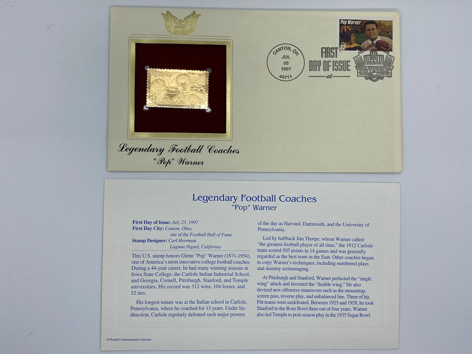 Pop Warner Legendary Football Coaches 22K Gold Plated Stamp set First Day of Iss