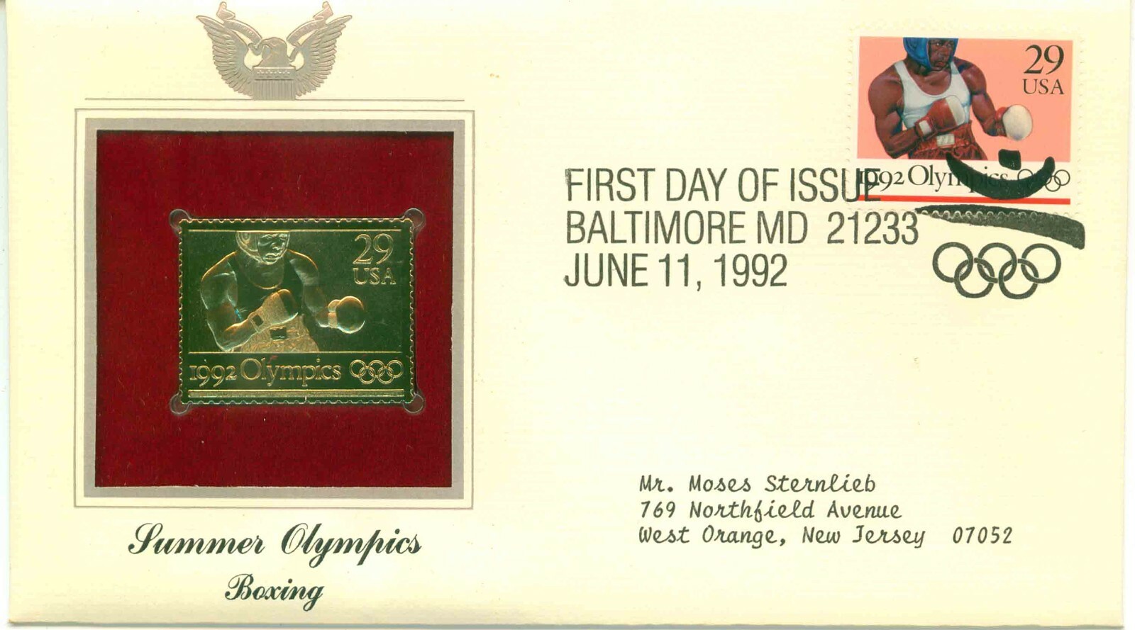 First Day Of Issue Jun 11 1992 Baltimore, MA 22kt Replica Summer Olympics Boxing