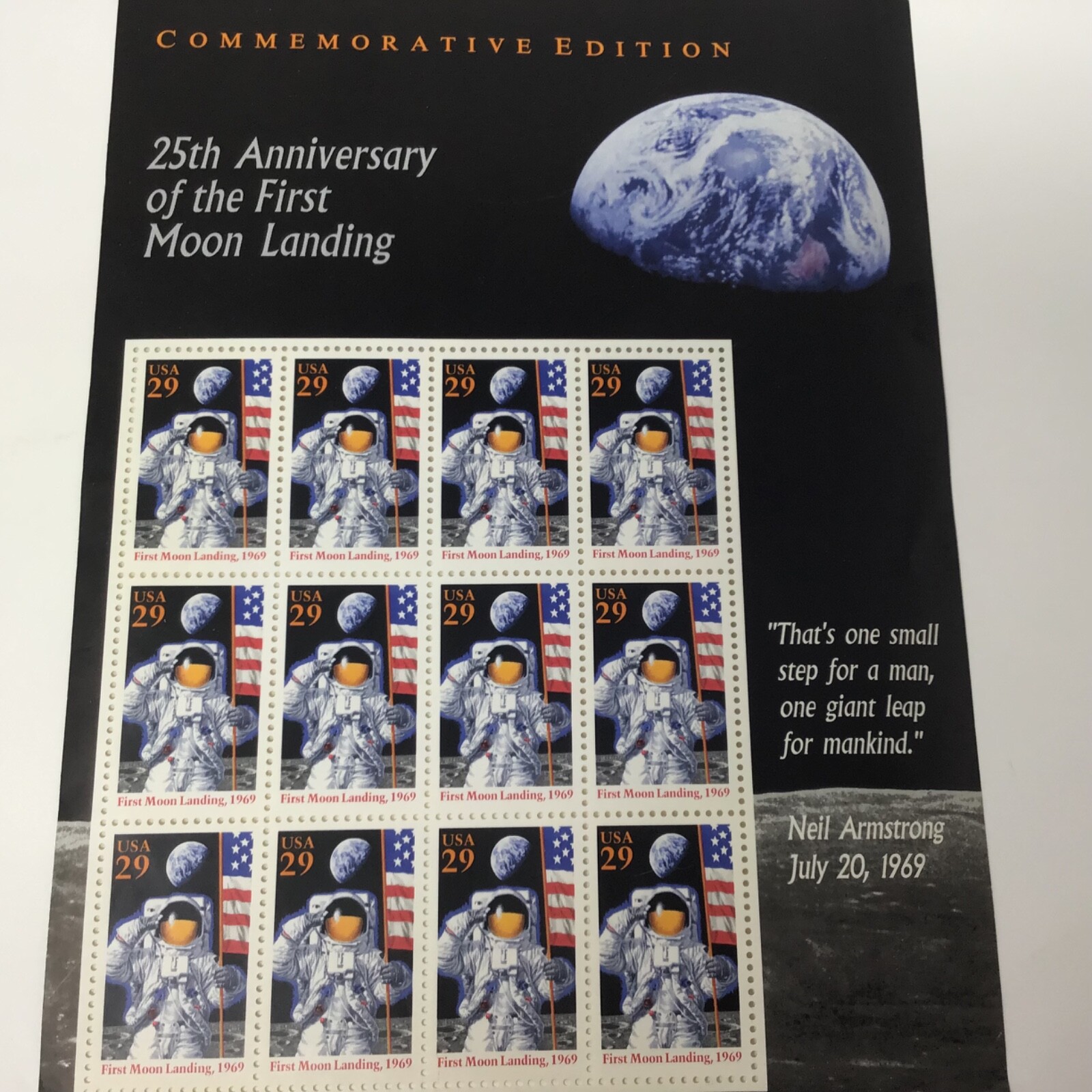 PANE OF 12 FIRST MOON LANDING ANNIVERSARY STAMPS 29 CENT 1969-1994
