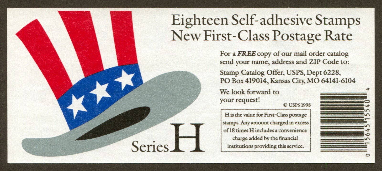 U.S. Scott# 3269a, 1998 H Series Hat, Plate# V1111, ATM Pane of 18, SCV: $12.00