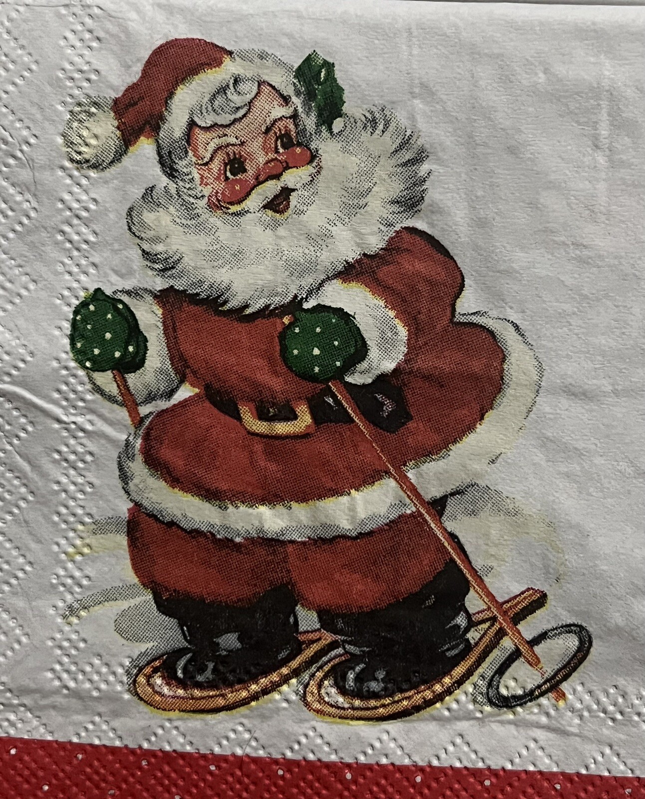 3 Individual Paper Decoupage Beverage Napkins Ski VTG Santa Claus Christmas 5×5