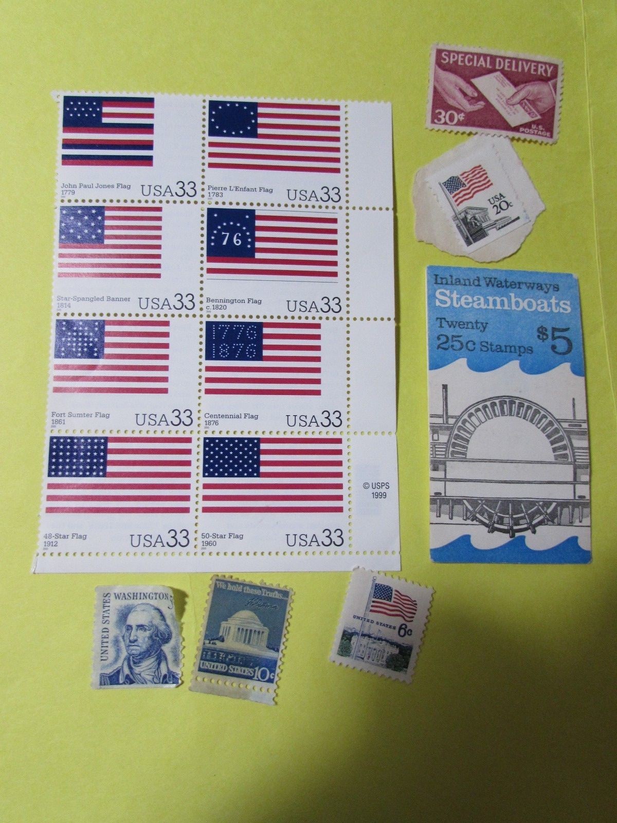 38 uncancelled US postage stamps .25, .33, .20, .10, .05, .20, .06, .30