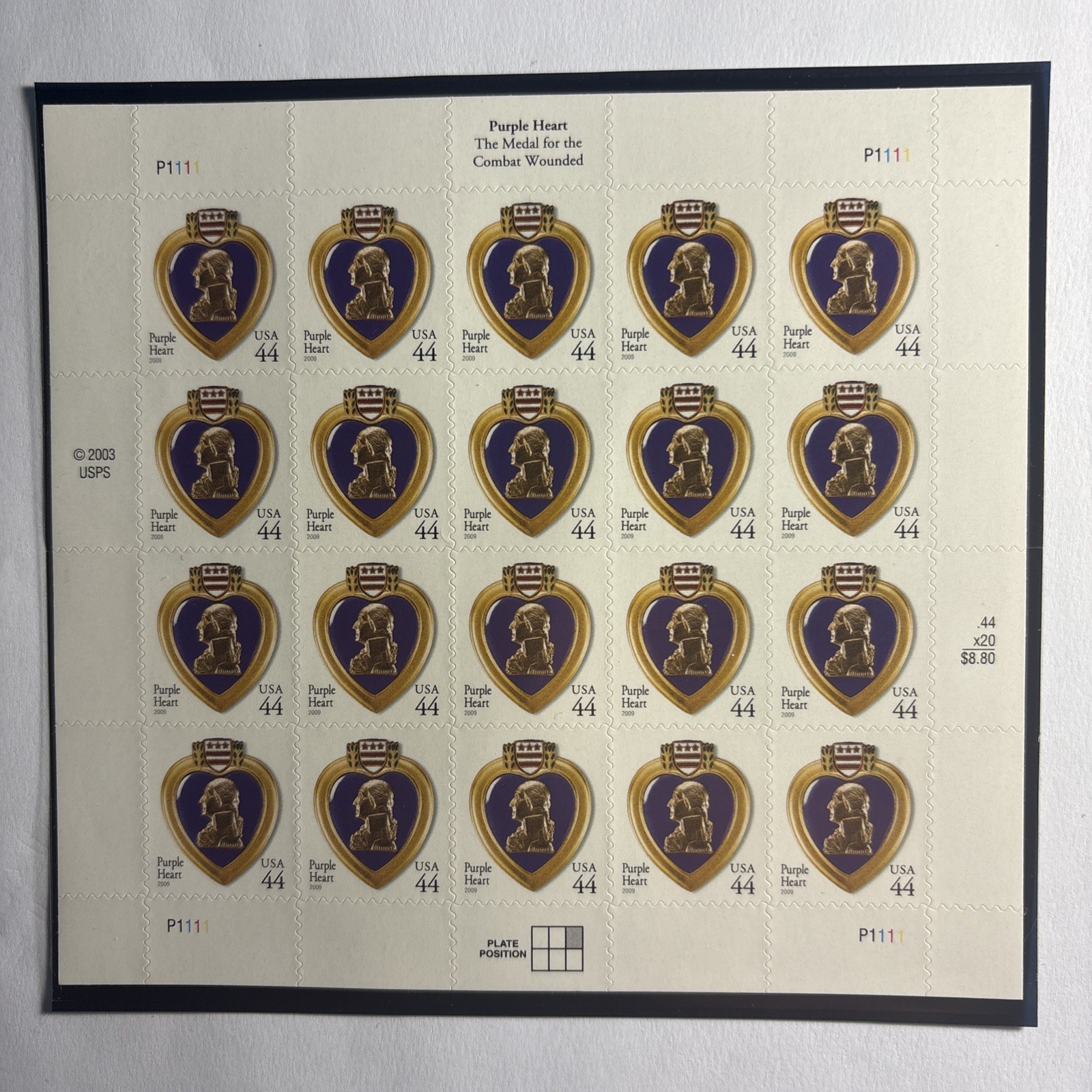 Sheet of (20) 2009 Purple Heart Stamps, $8.80 FV, Scott #4384, MNH
