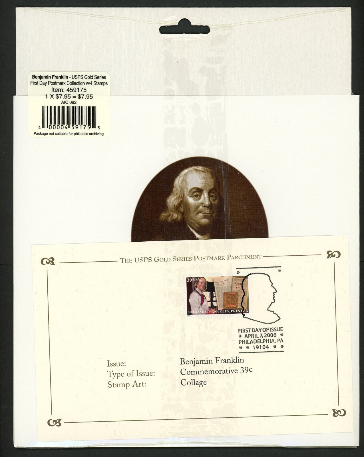 USPS GOLD SERIES 2006 First Day Postmark Collection, “Benjamin Franklin” SEALED