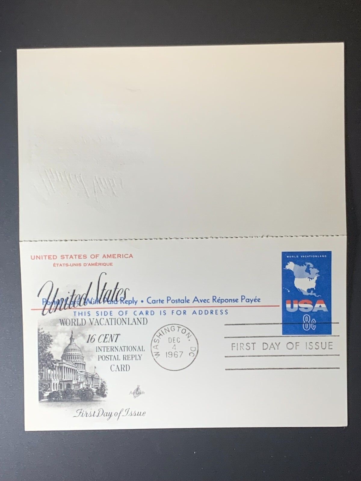 1967 8c USA #UY20 FDC Artcraft Postal Card w/Reply World Vacationland