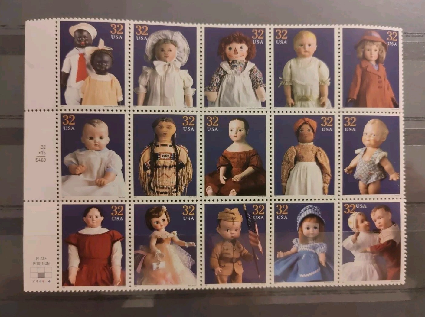 Classic American Dolls 32c 15 Stamps Sheet MNH 1996 Bottom Middle Plate Pos
