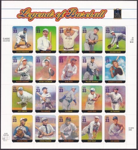 LEGENDS OF BASEBALL STAMP FULL SHEET OF 20) 33 CENT STAMPS