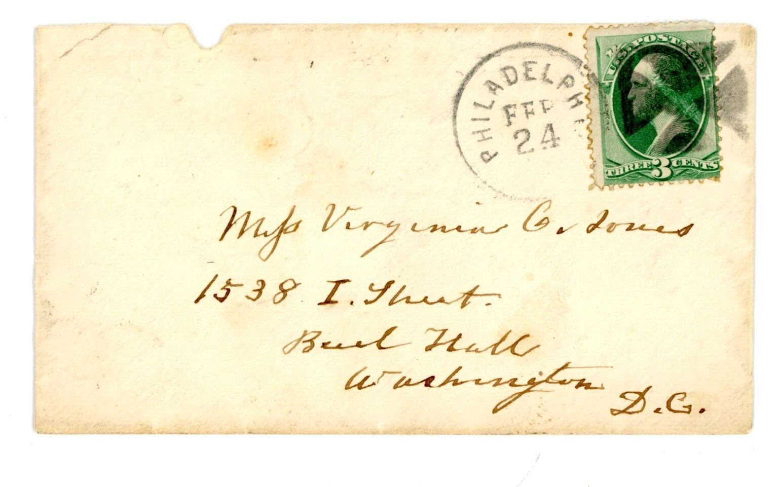 1890s Envelope Green 3C Stamp Miss Virginia G Jones Washington DC % Philadelphia