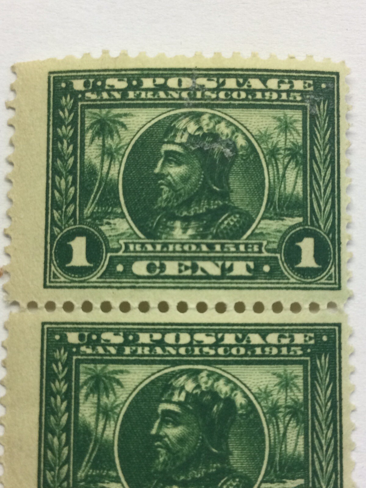 4) Scott No. 397 1 Cent Panama – Pacific Exposition Balboa Green 4 Stamp Strip
