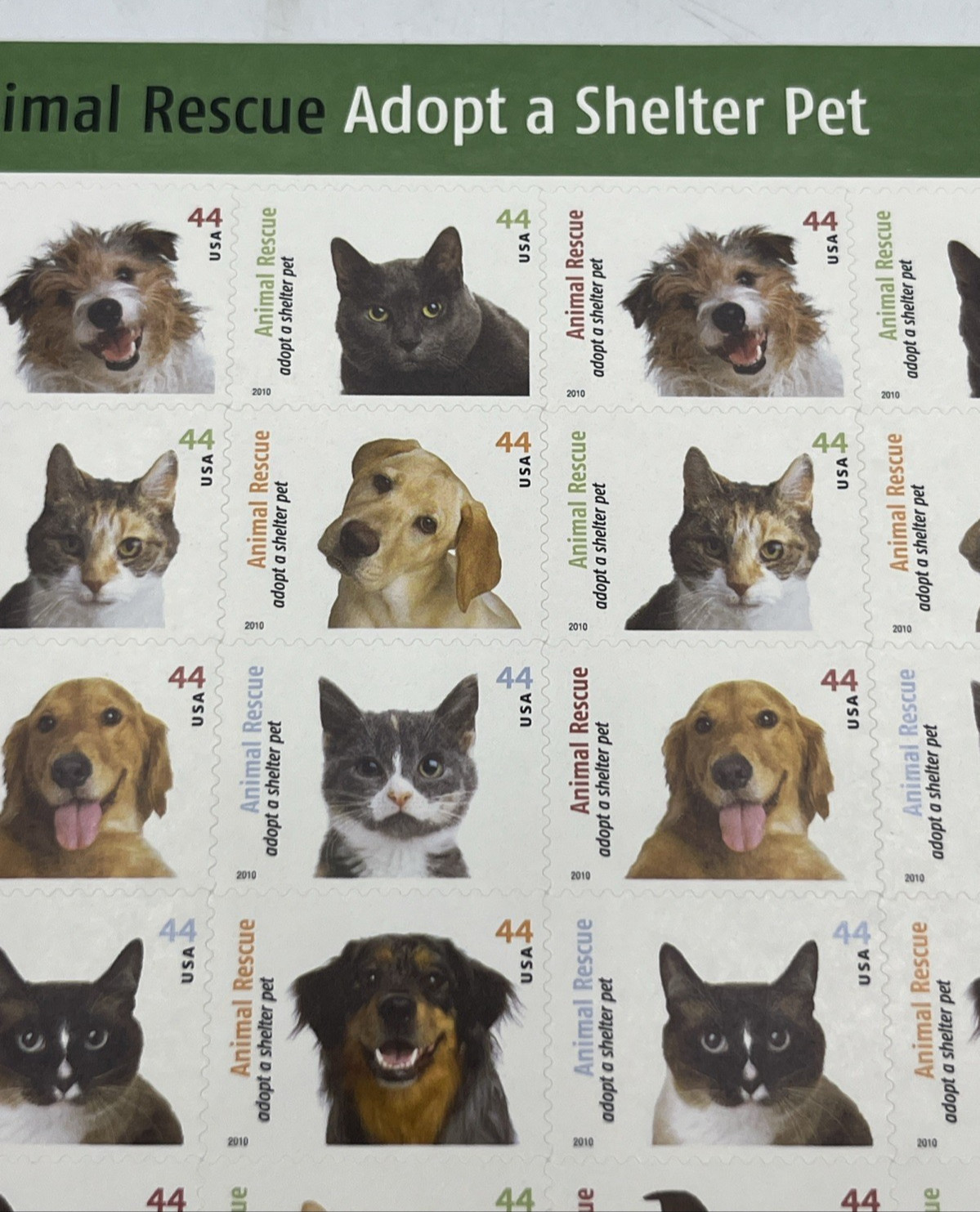 Animal Rescue Adopt a Shelter Pet Sheet of Twenty 44 Cent Postage Scott 4451-60