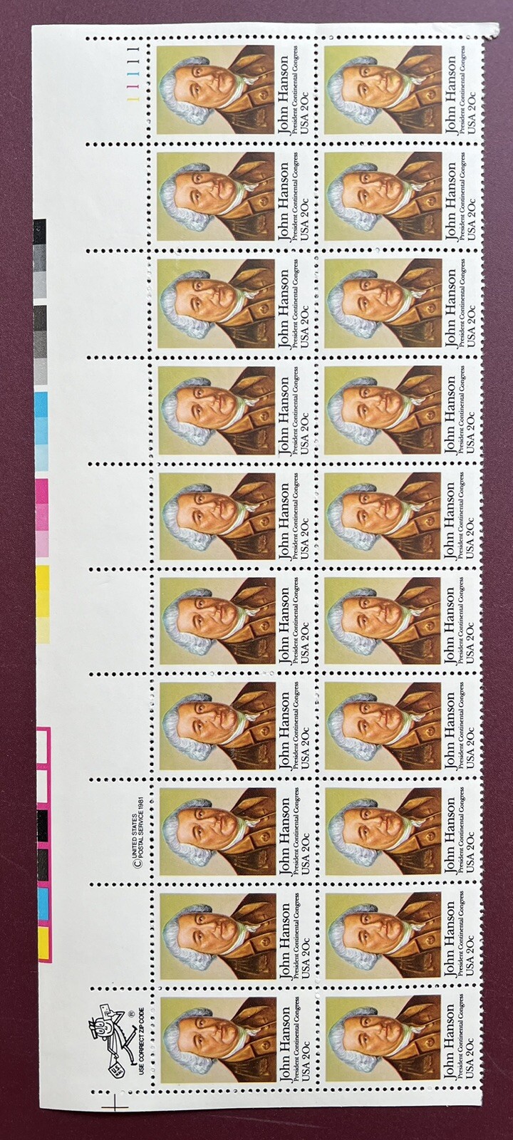 John Hanson – Scott 1941 – Plate Block of 20 stamps – MNH – Free Shipping