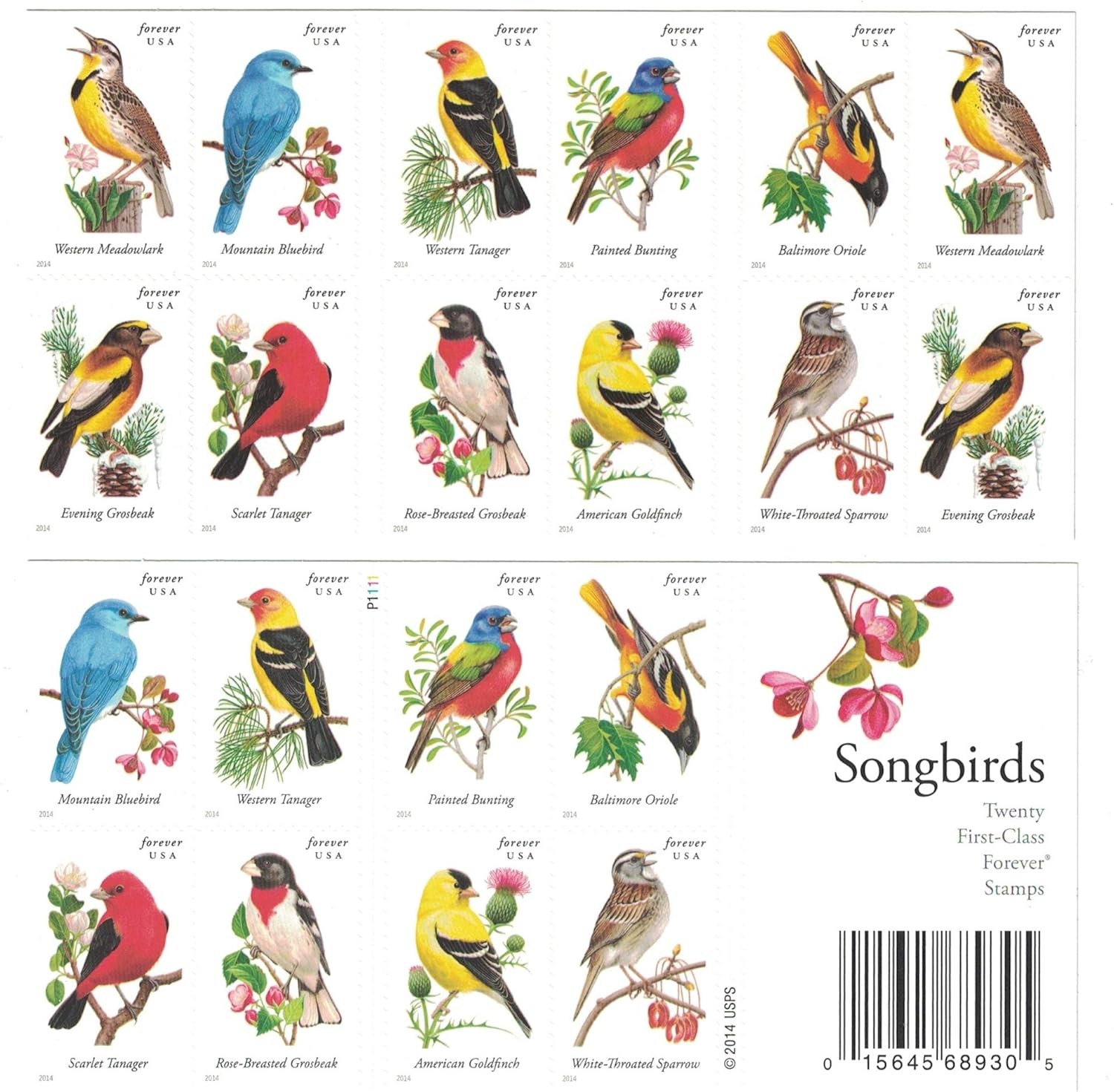 Songbirds Forever Stamps Sc#4891b MNH Full 5 Booklet Pane of 20 Mint ,100 total