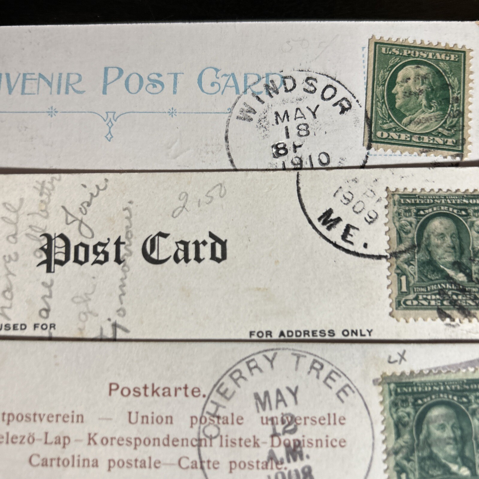 1 Cent Stamps Green Ben Franklin Stamp Postal Postmarked 1907-1910 Rare x 4