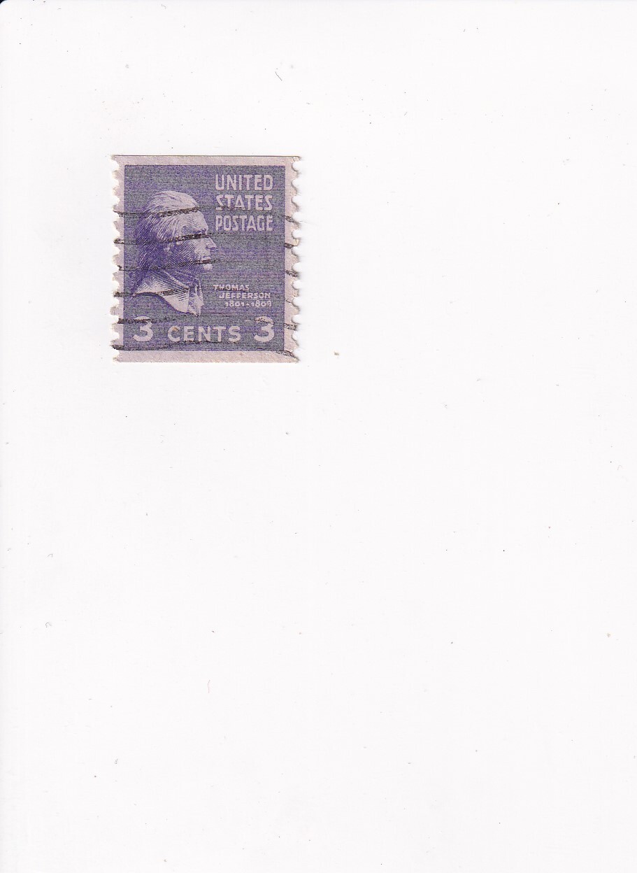 US Postage Stamp POSTMARKED PERFORATED VERTICALLY 3 CENTS THOMAS JEFFERSON (#2)
