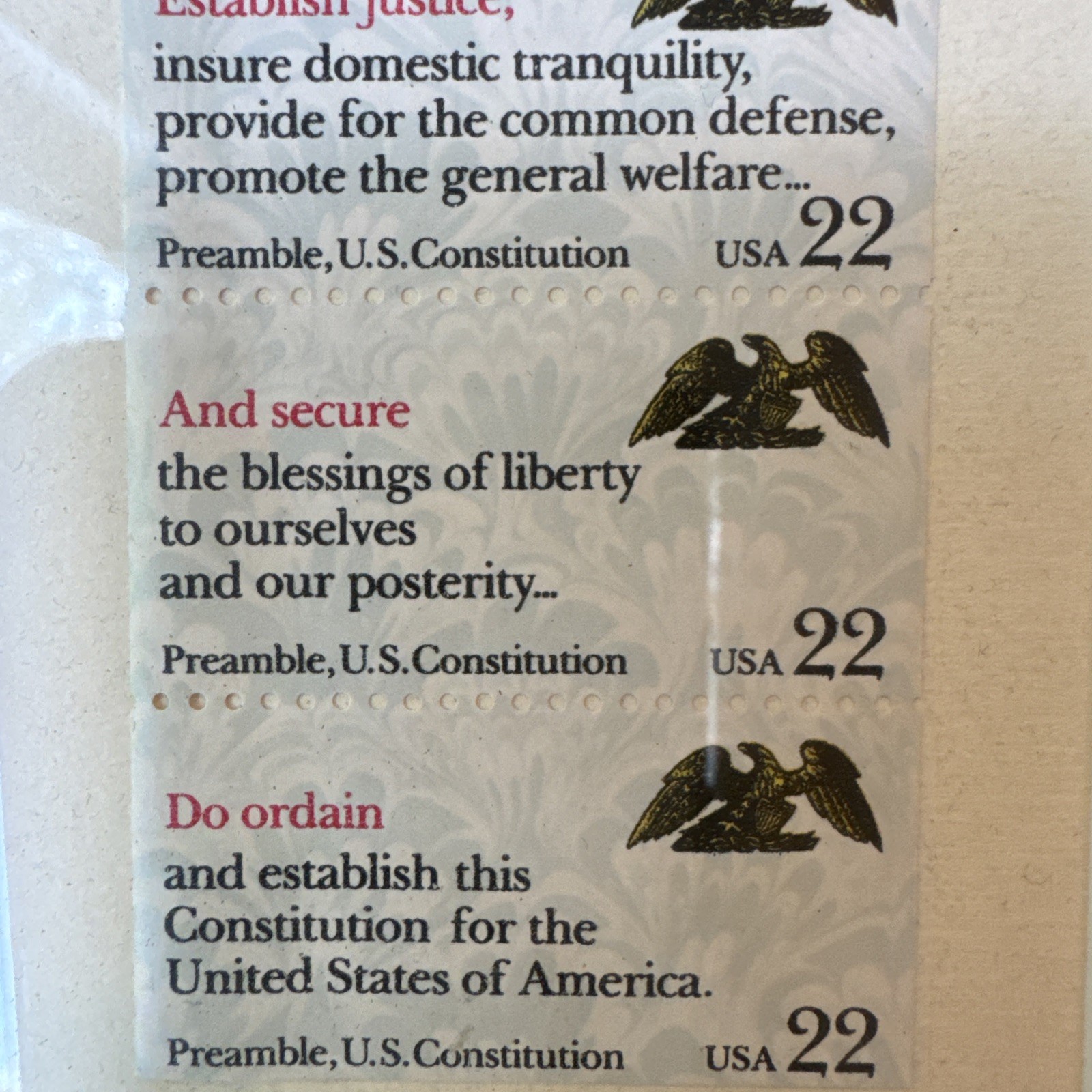 1987 US Constitution Bicentennial Framed 22¢ Stamp Strip Matted Display 6×9