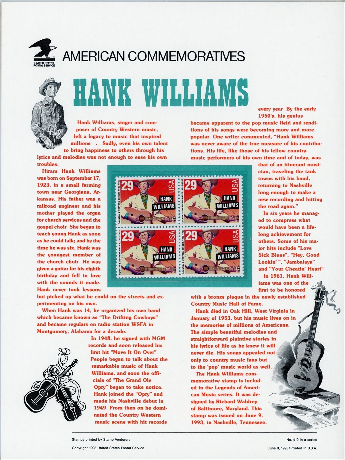 USPS – American Commemorative Panel 1993 – #CP419 – Hank Williams #2723 – Mint