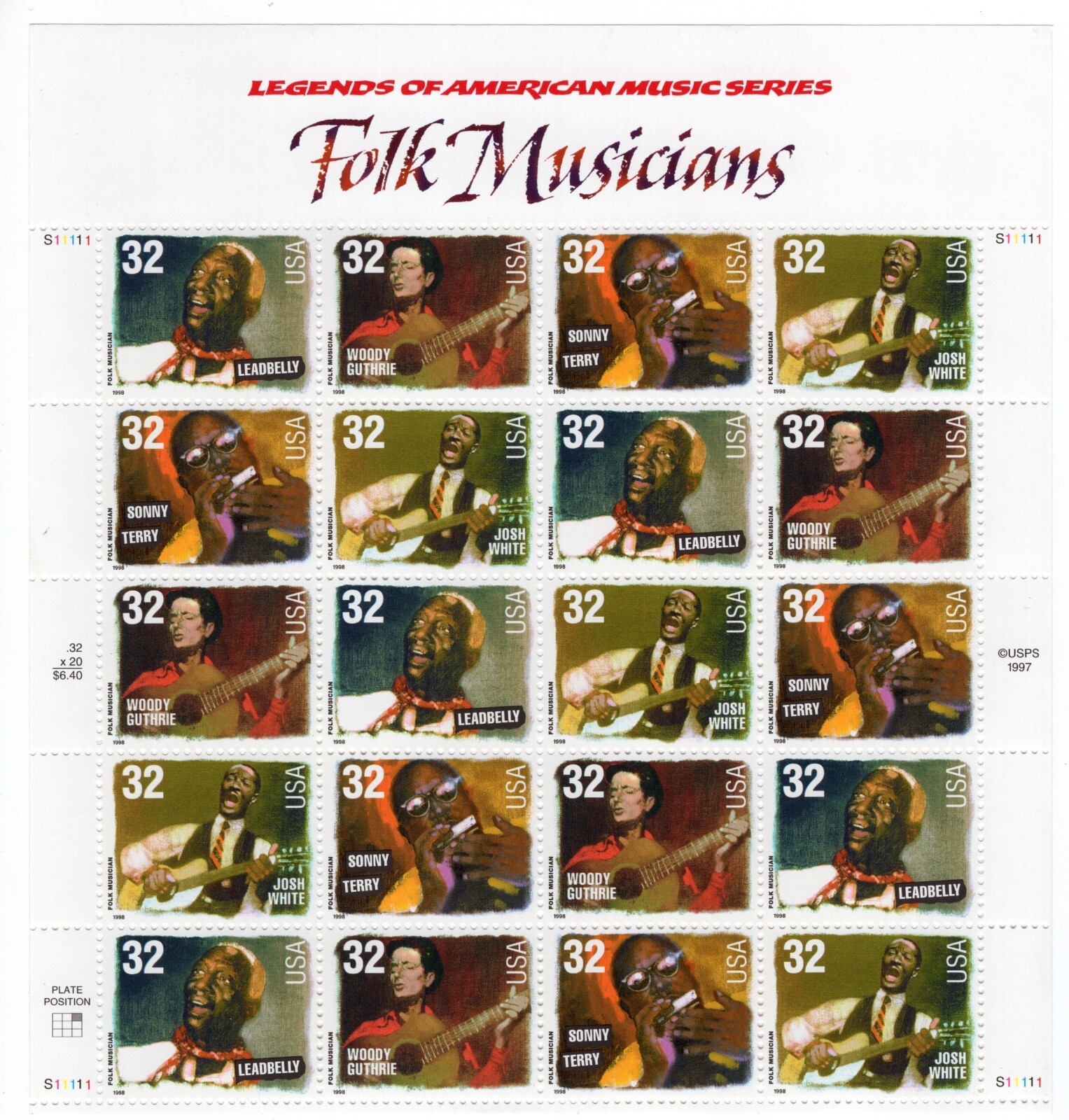 US 1998 SC 3212-3215 32c Legends American Music Folk Musicians Sheet of 20 MNH