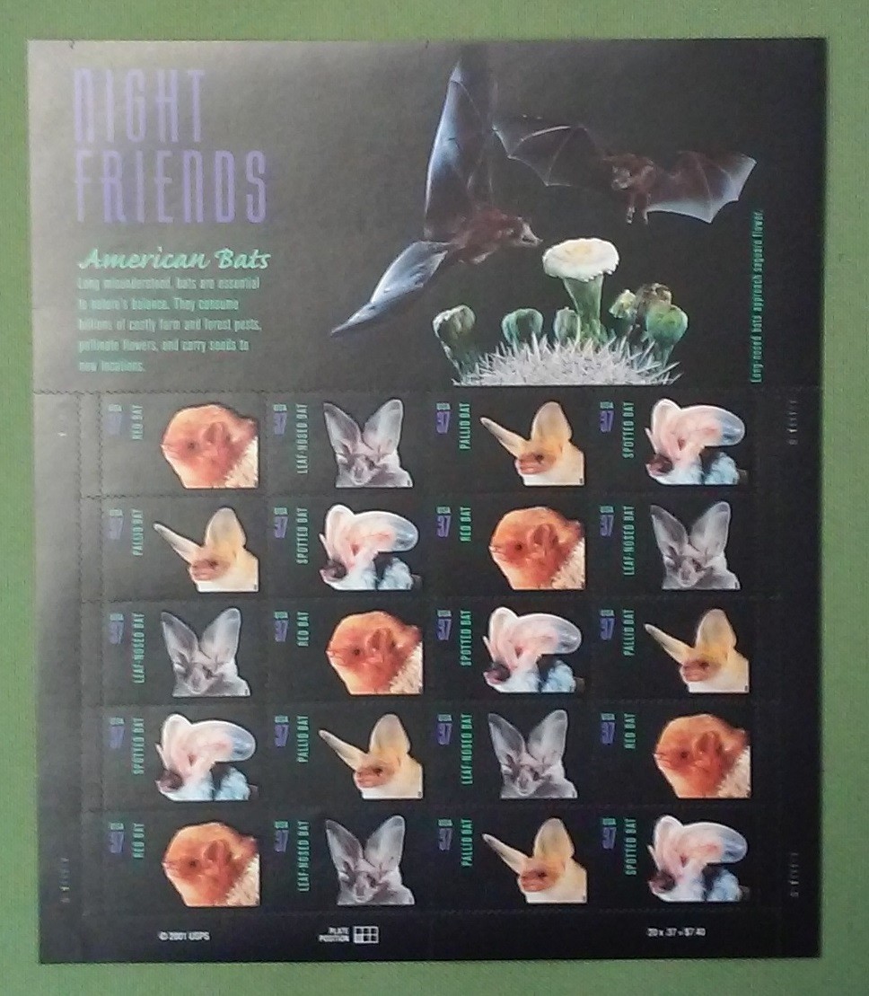 Three Sheets = 60 of NIGHT FRIENDS American Bats 37¢ US Postage Stamps 3661-3664