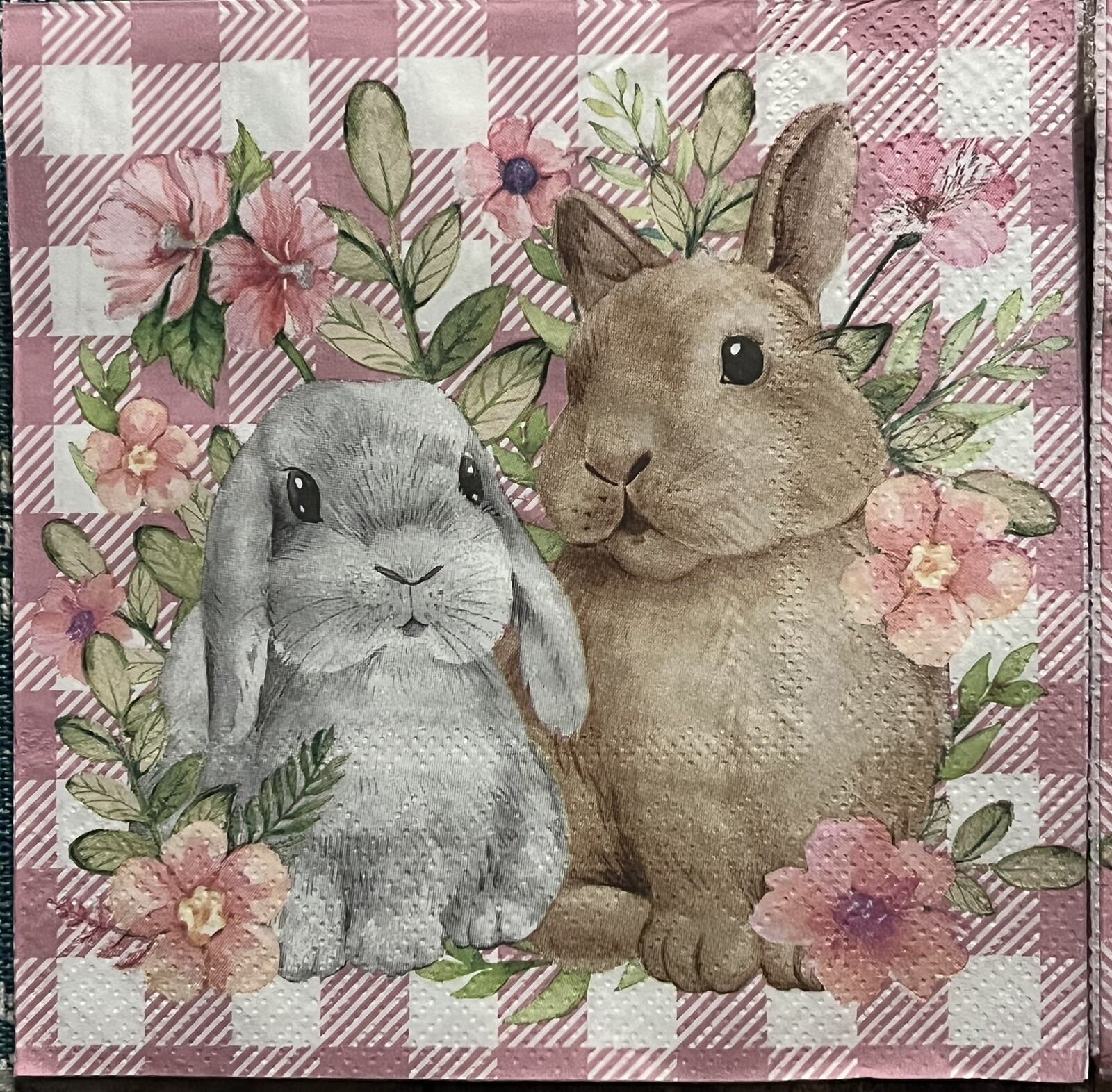 TWO Paper LUNCHEON Decoupage Art Craft Napkins – EASTER BUNNY RABBit -Pink Plaid